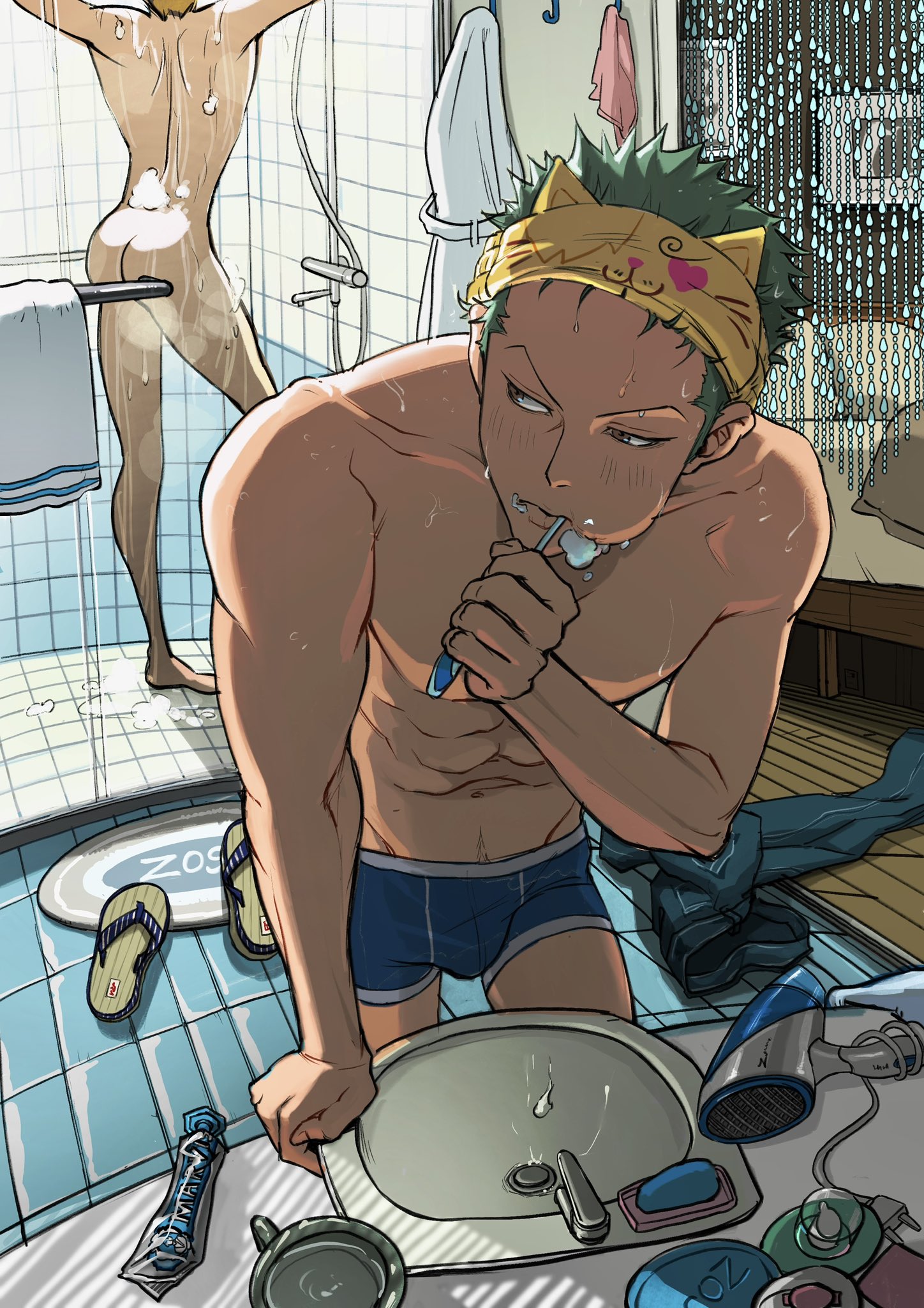 2boys, abs, anime, ass, bara, bathroom, bathroom floor, biceps, big ass, big butt, big chest, big pecs, boxer briefs, boxers, boxers (clothing), boxers only, brush, brushing, brushing teeth, butt, chest, chunky thighs, cute, gay, huge chest, huge pecs, huge thighs, male, male only, messy room, muscles, muscular, naked, nude, one piece, pecs, roronoa zoro, shiny ass, shiny butt, shower, showering, sink, suanminico, thick thighs, thighs, thighs bigger than head, toothbrush, underwear, underwear only, vinsmoke sanji, yaoi