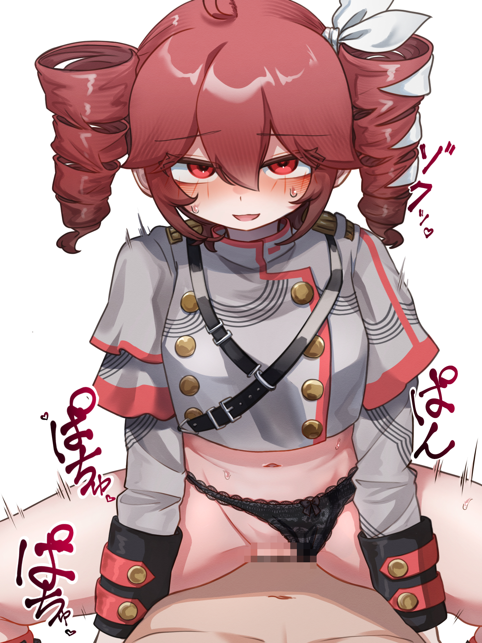 1boy, 1girl, 2026, 2d (artwork), ahoge, black panties, bow panties, censored, cowgirl position, drill hair, happy sex, hetero, jacket, kasane teto, kasane teto (sv), lace-trimmed panties, panties, panties aside, penetration, penis, pussy, red eyes, red hair, riko (ritora2024 6), straight, synthesizer v, underwear, utau, vaginal, vaginal penetration, white background