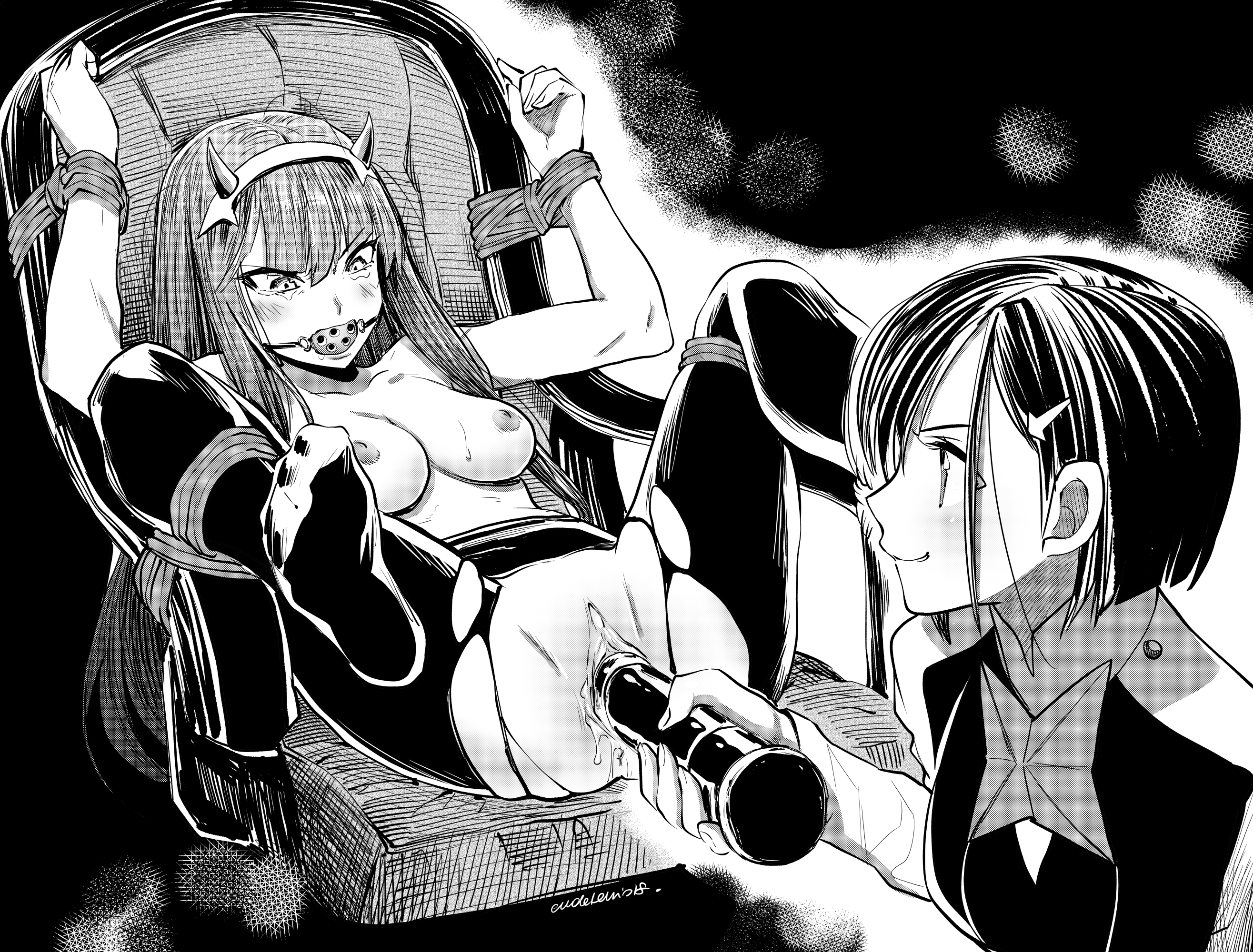 ball gag, bondage, bound, chair bondage, darling in the franxx, demon horns, eudetenis, female, femdom, femsub, forced orgasm, gagged, ichigo (darling in the franxx), monochrome, nipples, pussy, pussy juice, rape, vibrator, yuri, zero two (darling in the franxx)