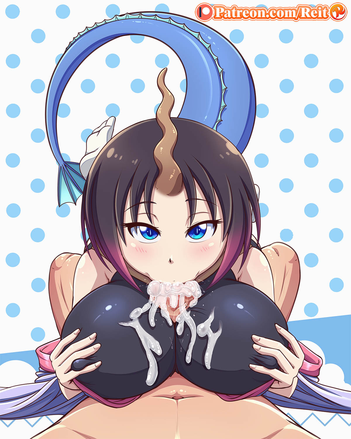 1boy, 1girls, big breasts, blue eyes, breasts, clothed female nude male, cum, cum in mouth, cum overflow, dragon, elma (dragon maid), fellatio, female, huge breasts, human, interspecies, looking at viewer, male, male pov, miss kobayashi's dragon maid, oral, paizuri, paizuri over clothes, patreon, penis, pov, reit, short hair, spandex, straight, tail, text, url, watermark