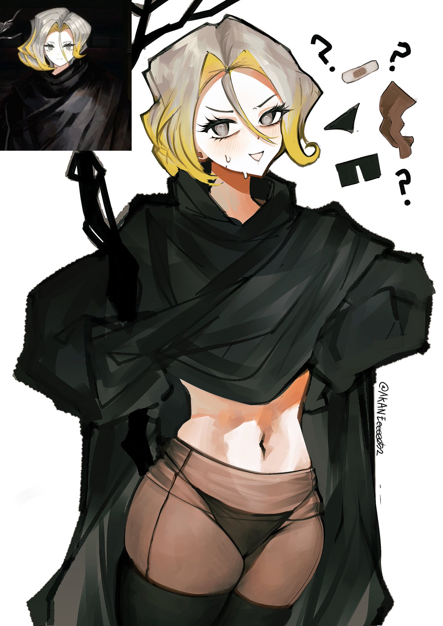 1girls, 2d, ahoge, akane (artist), black panties, cape, cloak, color, colored, curvy, digital media, exposed navel, female, female focus, female only, gray eyes, highres, hooded cloak, hourglass figure, innie belly button, kromer's sister (limbus company), large thighs, limbus company, looking at viewer, no visible genitalia, nylon stockings, nylons, pale-skinned female, project moon, question mark, raising shirt, see-through, see-through pantyhose, see-through stockings, shawl, shirt lift, shirt up, short hair, short hair female, simple background, sweat, sweatdrop, sweating, thick thighs, thigh high boots, thigh squish, thong panties, two-tone hair, wide hips