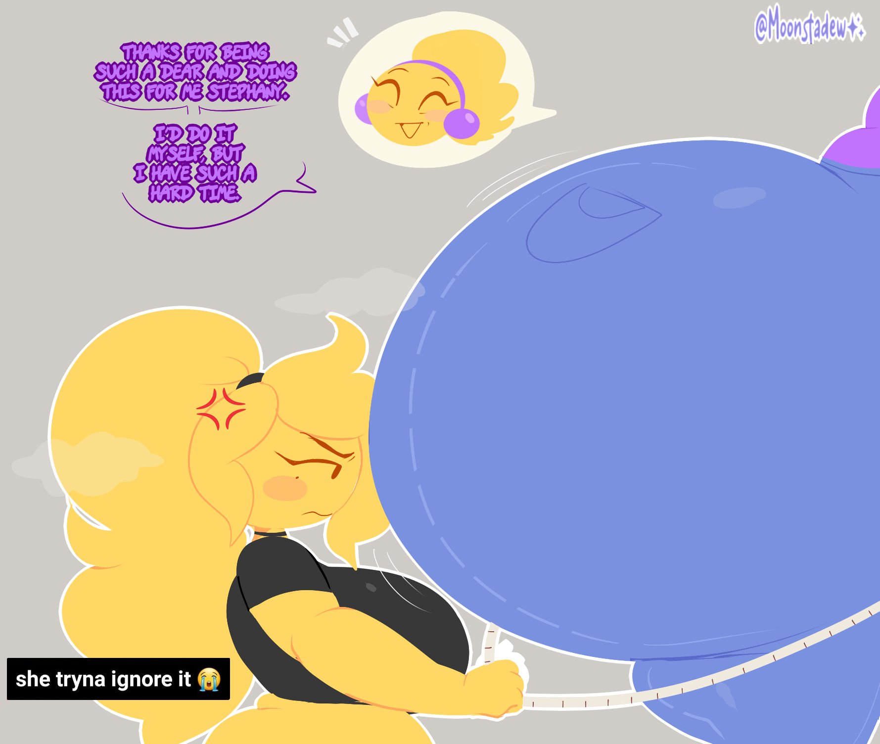 2girls, ass, ass bigger than head, ass bigger than torso, ass focus, big ass, big breasts, blonde hair, bottom heavy, breasts, bubble butt, busty, closed eyes smile, clothing, dialogue, emoji (race), enormous ass, fat ass, female, female only, gigantic ass, gluteal fold, he tryna ignore it (meme), huge ass, hyper, hyper ass, jeans, large ass, large breasts, massive ass, measuring tape, meme, moonraige, ms. bethany, original, pants, shirt, stephany (moonraige), talking to another, text, thick ass, thick thighs, thunder thighs, wide hips, yellow body