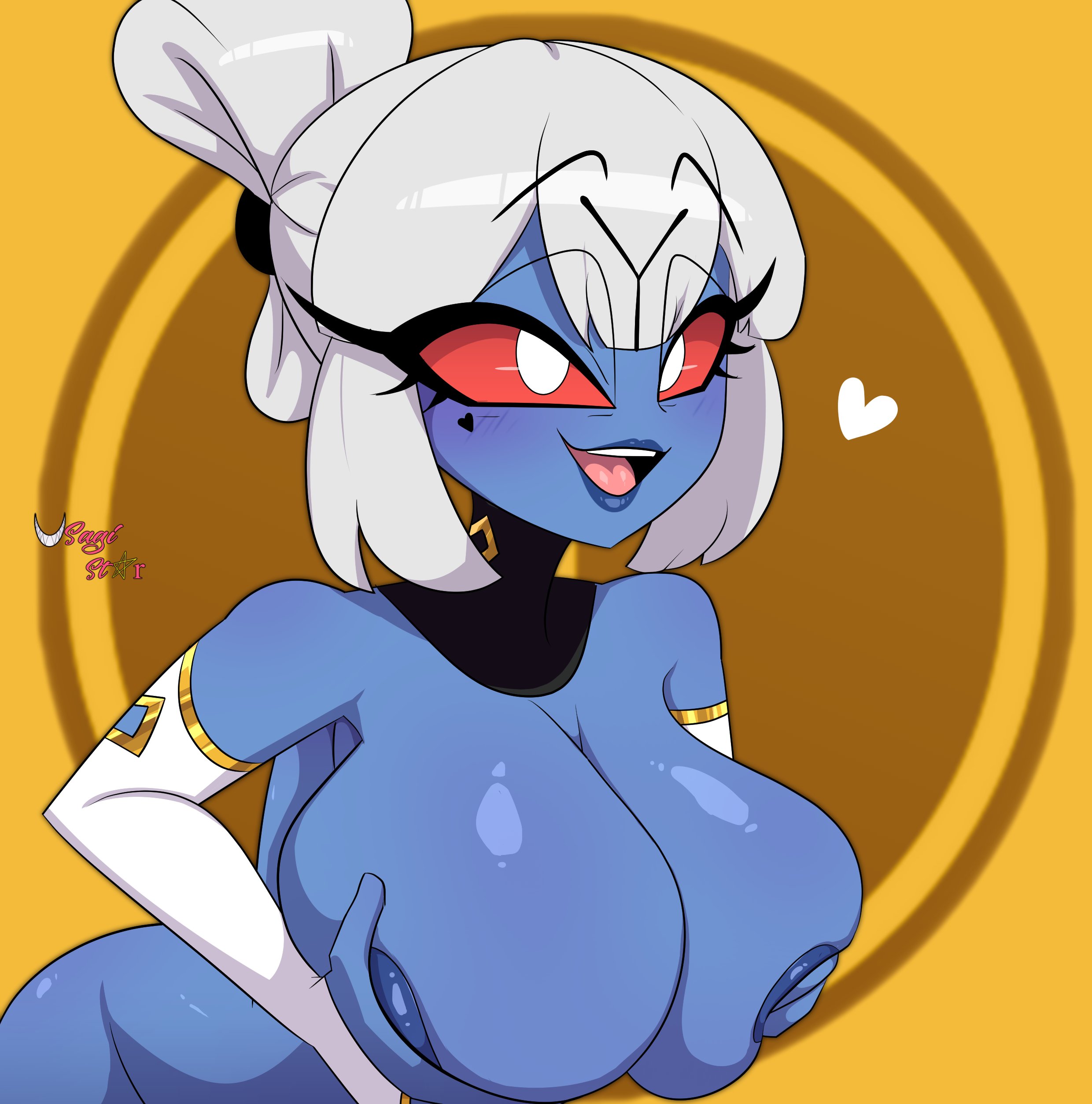 2025, blue body, blue skin, holding breasts, large breasts, original character, tagme, tau, usagi star, warhammer (franchise), warhammer 40k, white hair