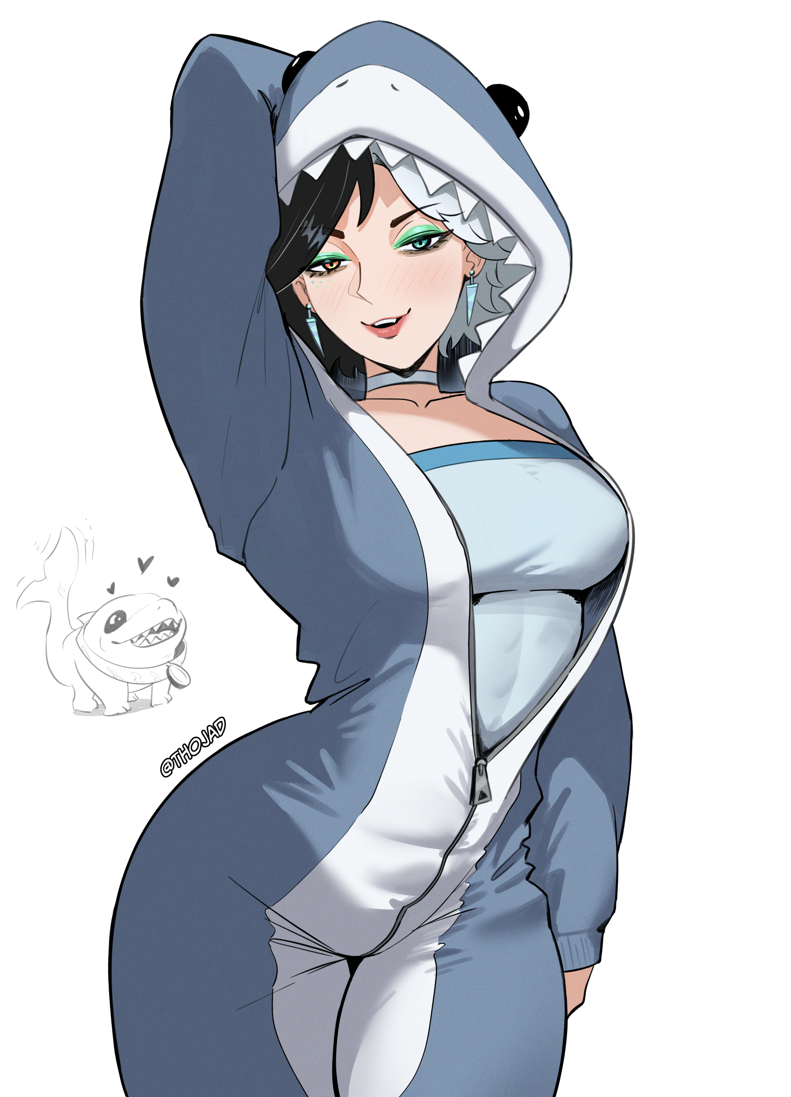 2d, asian, asian female, big ass, big breasts, clothed, clothing, fully clothed, jeff the land shark, luna snow, luna snow (marvel rivals), marvel, marvel rivals, onesie, solo, thick thighs, thojad, voluptuous