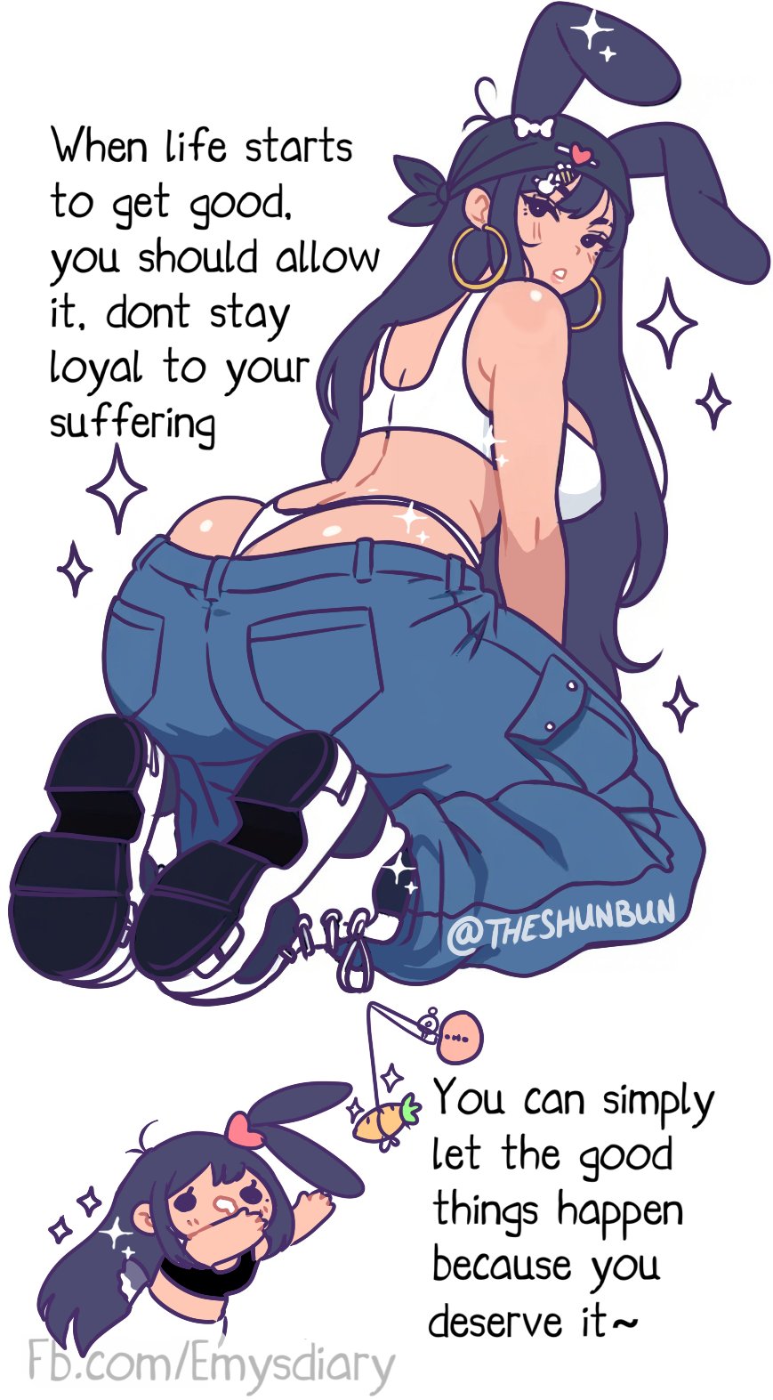 advice, animal ears, ass, ass bigger than head, ass cleavage, back, baggy clothing, baggy pants, bandana, beauty mark, big ass, big booty, big breasts, big butt, black hair, boots, booty, bottomwear, bottomwear halfway down, breasts, bubble ass, bubble butt, bunny ears, bunny girl, bunny tail, butt, cargo pants, carrot, crop top, curvaceous, curvaceous female, curvaceous figure, curvy, curvy female, curvy figure, dat ass, dumptruck ass, dumptruck butt, earrings, emotional support, encouragement, encouraging, encouraging viewer, fat ass, female focus, female only, fishing rod, hoop earrings, huge ass, huge butt, jeans, kawaii potato, kneeling, kneeling female, large ass, large butt, looking at viewer, looking back, motivational, on knees, overflowing ass, sanbun, sneakers, solo female, solo focus, sparkles, tagme, talking to viewer, tan body, tan skin, tank top, text, theshunbun, thong, thong panties, top, underwear