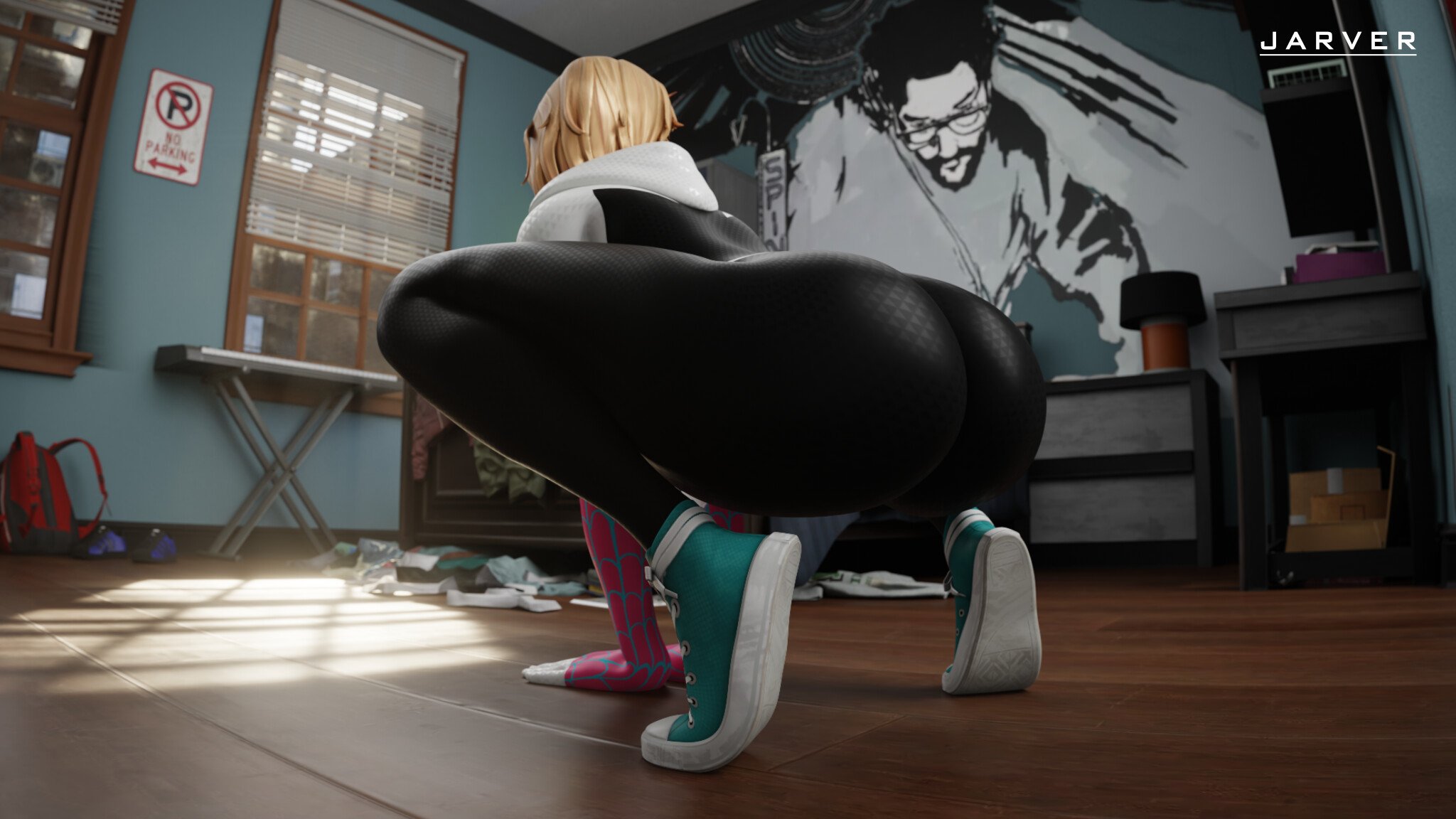 3d, ass, athletic, athletic female, blonde hair, bubble butt, female, female focus, female only, gwen stacy, jarver, marvel, marvel comics, rear view, sneakers, spider-gwen, spider-man (series), squatting