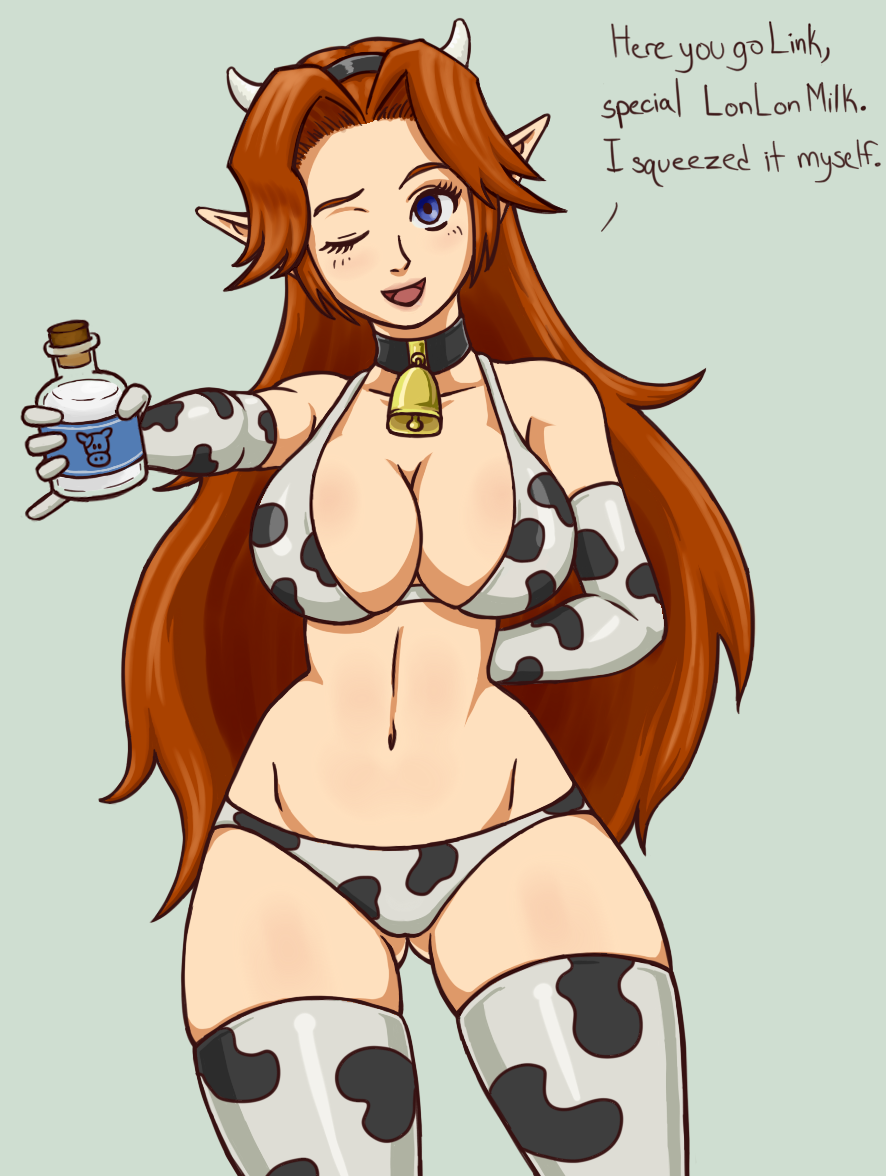 bikini blue_eyes cow_girl cow_print cow_print_bikini cow_print_gloves cow_print_thighhighs cowbell elbow_gloves fake_horns gloves large_breasts lon_lon_milk long_red_hair malon milk nintendo ocarina_of_time red_hair sufan swimsuit the_legend_of_zelda thighhighs winking