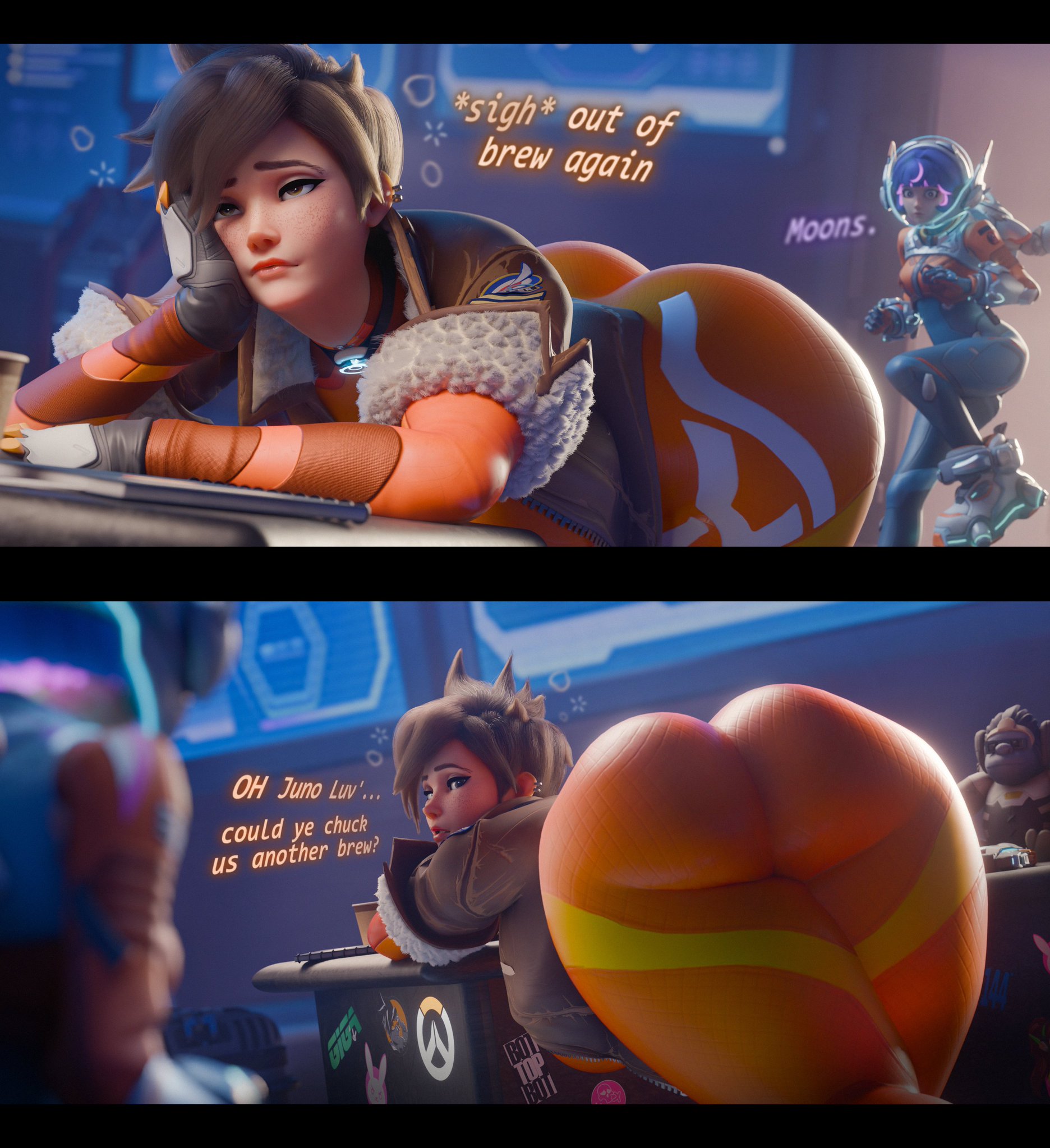 2girls, 3d, alternate costume, ass, bent over, big ass, blizzard entertainment, bottom heavy, bottopbot2, british female, brown hair, drunk, dumptruck ass, fat ass, huge ass, juno (overwatch), looking back, overwatch, overwatch 2, overweight, purple hair, scrag boy (model), scrag tracer, short hair, thick thighs, tracer, tracer (overwatch 2 suit), winston (overwatch)