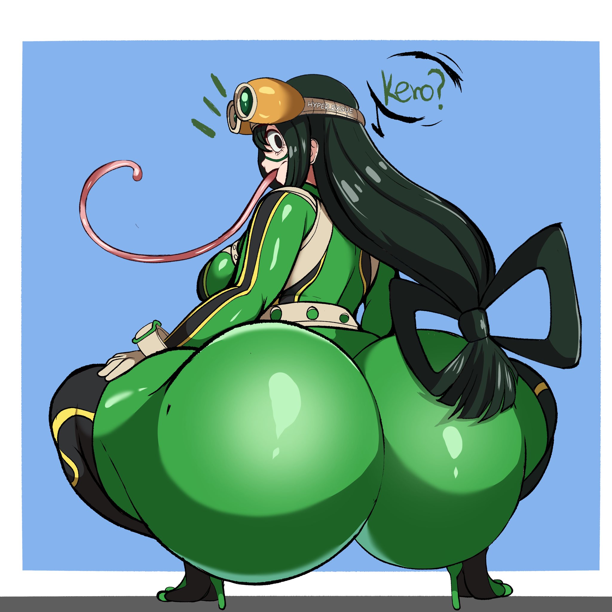 1girls, ass, big ass, bodysuit, fat ass, female, female only, hero outfit (mha), huge ass, hyperrxgue, large ass, looking at viewer, looking back, massive ass, my hero academia, solo, teenager, thick ass, thick thighs, thunder thighs, tsuyu asui, wide hips