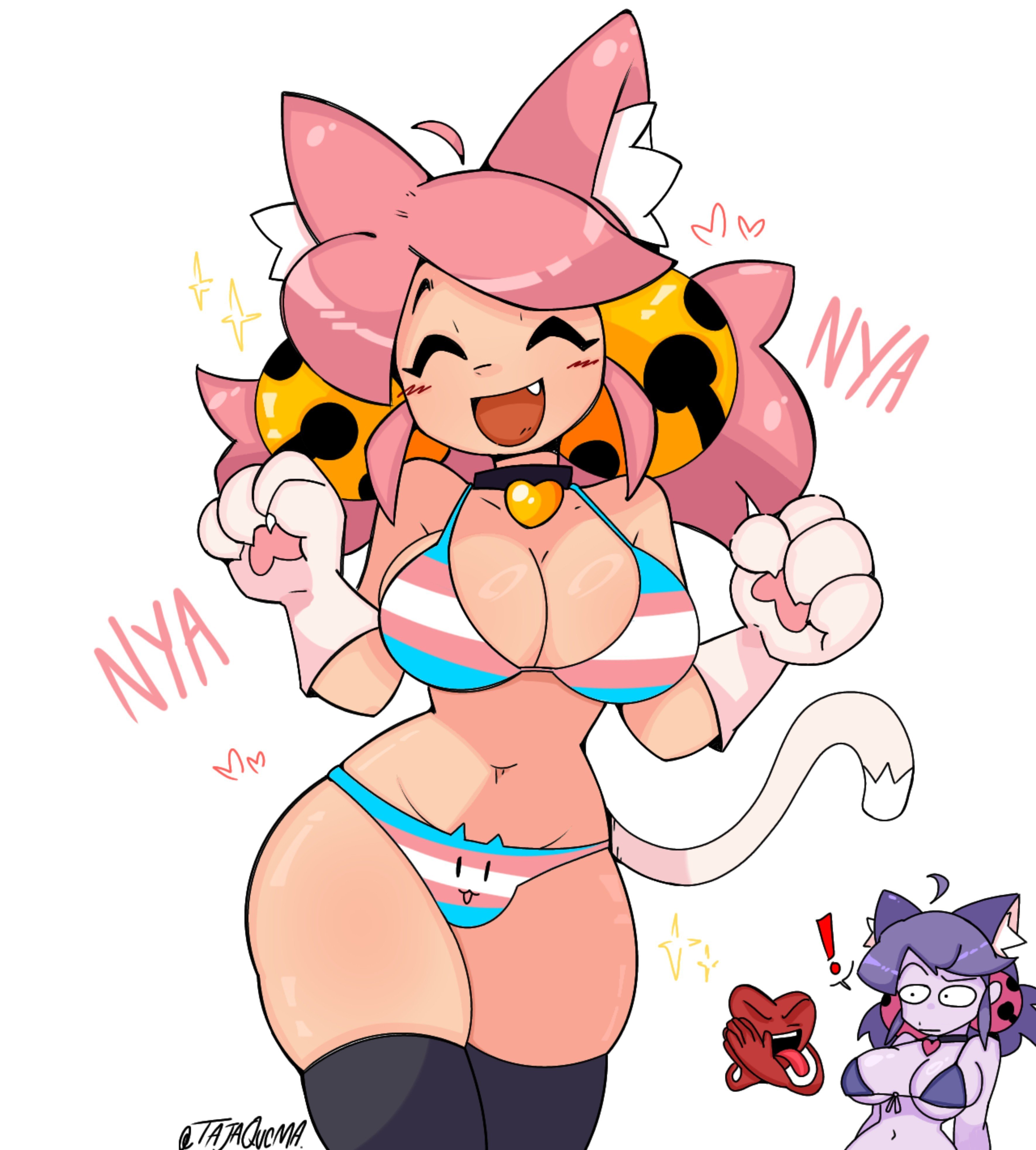 1other, 2girls, alternate version available, bikini, bulge, bulge through clothing, bulge under clothes, cat ears, cat tail, catgirl, deltarune, deltarune chapter 5, flag bikini, heart, irritable ghost (deltarune), mad mew mew, mew mew (undertale), pink (deltarune), simple background, soul (deltarune), tagme, tagme (artist), trans flag, trans woman, transfem, transgender pride colors, undertale (series)