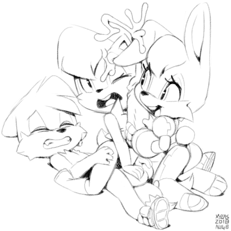 1boy 2girls anthro ass balls bunnie_rabbot cum cum_on_face cyborg female foreskin furry greyscale handjob hyper_penis male monochrome outercourse paizuri partially_clothed penis sally_acorn sega sonic_(series) straight tails tails_the_fox thigh_grab threesome uncircumcised uncut xylas