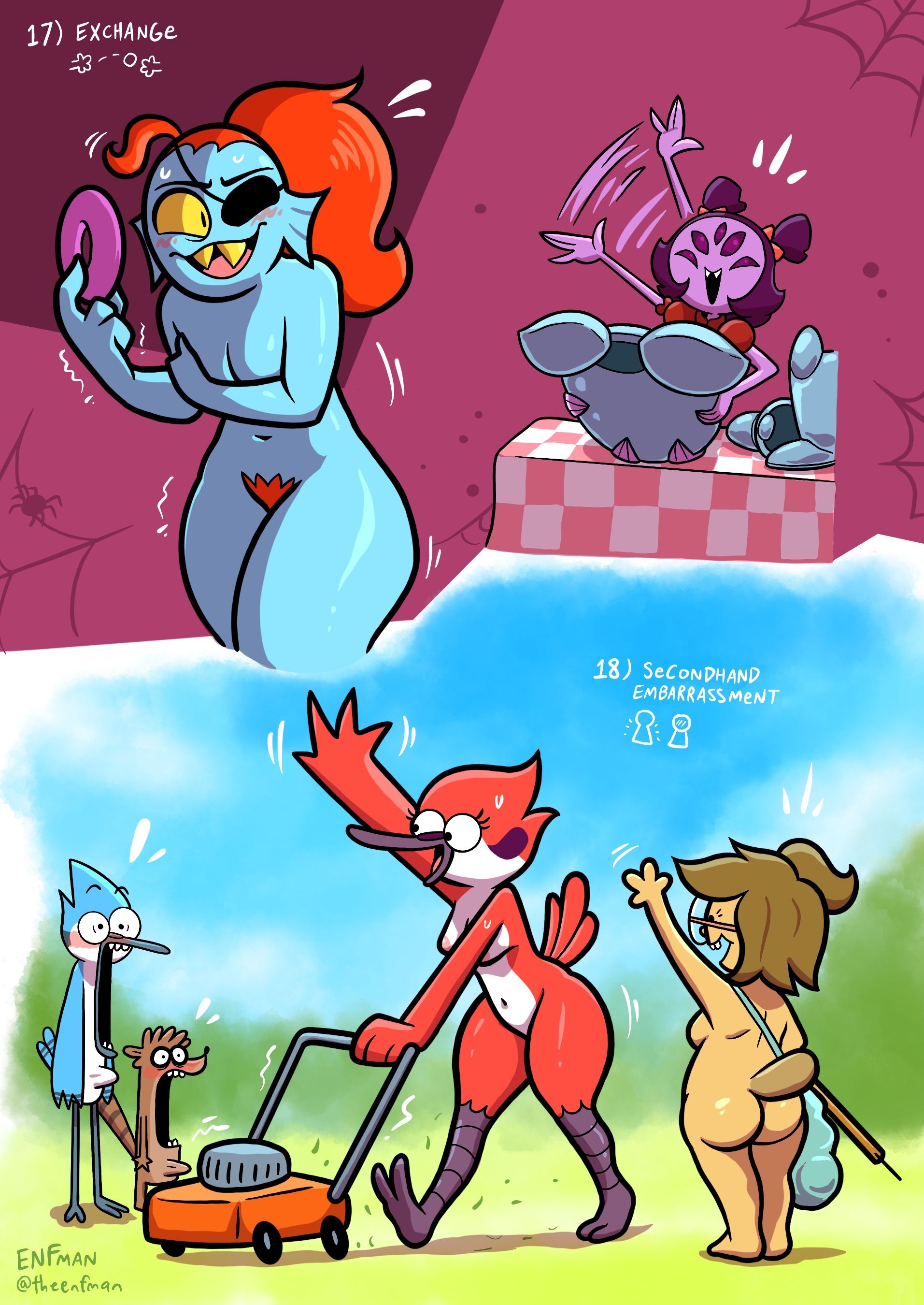 2boys, 4girls, anthro, ass, avian, blush, breasts, casual nudity, covering, covering breasts, covering self, crossover, eileen roberts, embarrassed, embarrassed nude female, enf, erection, female, female focus, furry, male, margaret smith (regular show), mordecai (regular show), muffet, nude, nude female, outdoor nudity, outdoors, pubic hair, regular show, rigby (regular show), senftember, senftember (2026), tagme, theenfman, undertale, undertale (series), undyne