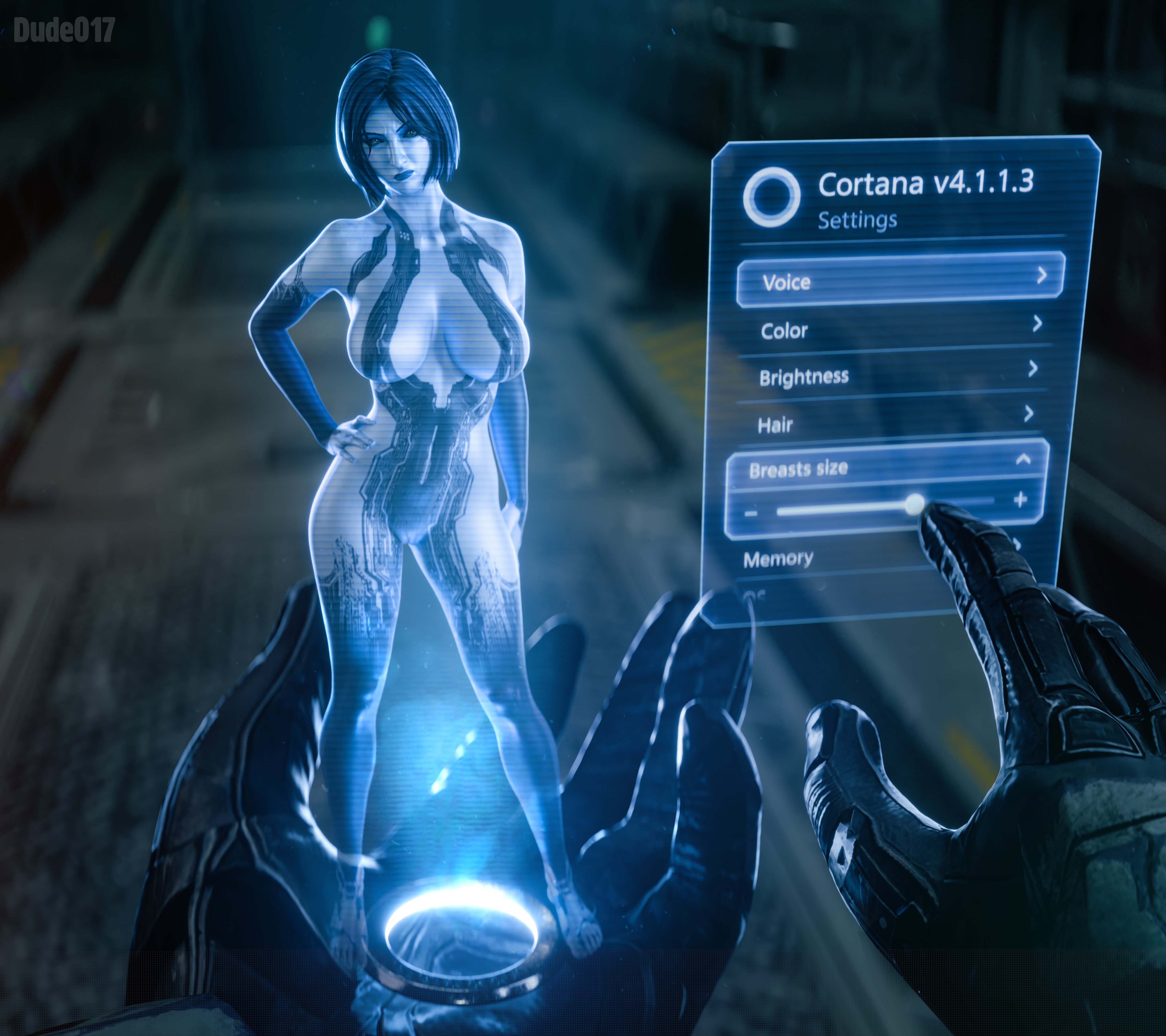 1boy, 1girls, 3d, 4k, absurd res, alternate version at source, alternate version available, angry, angry expression, angry face, annoyed, annoyed expression, annoyed face, attribute slider, big boobs, big breasts, big tits, blender, blue body, blue eyes, blue hair, blue lips, blue lipstick, blue skin, bob cut, breast expansion, breasts, cortana, curvy, curvy figure, digital media (artwork), dude017, eye contact, frown, frowning, halo (series), halo 4, hand on hip, heads-up display, hi res, john-117, larger male, master chief, pose, posing, pov, pov eye contact, science fiction, size difference, slider, smaller female, user interface, video game character, wide hips