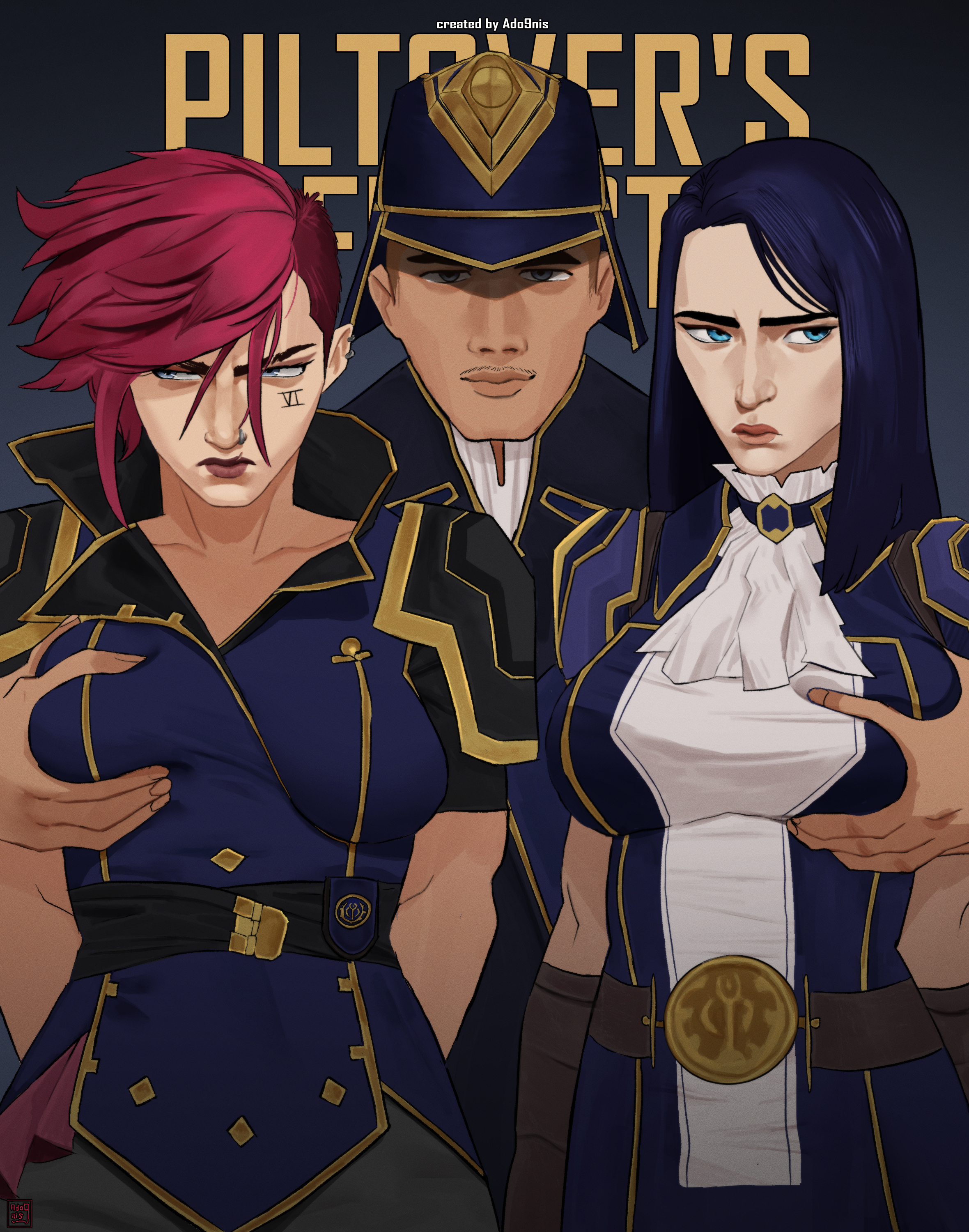 1boy, 2026, 2d, 2girls, ado9nis, annoyed, annoyed expression, arcane, arcane caitlyn, arcane vi, artist logo, bisexual, breast grab, breast play, breast squeeze, caitlyn (league of legends), caitlyn kiramman, clothed, female, fondling, fondling breast, fondling breasts, fully clothed, groping, groping breasts, groping from behind, hand on breast, large breasts, league of legends, lesbian with male, looking away, medium breasts, molestation, nervous, piltover, riot games, short hair, smirk, title, tomboy, twitter link, uniform, vi, vi (league of legends)
