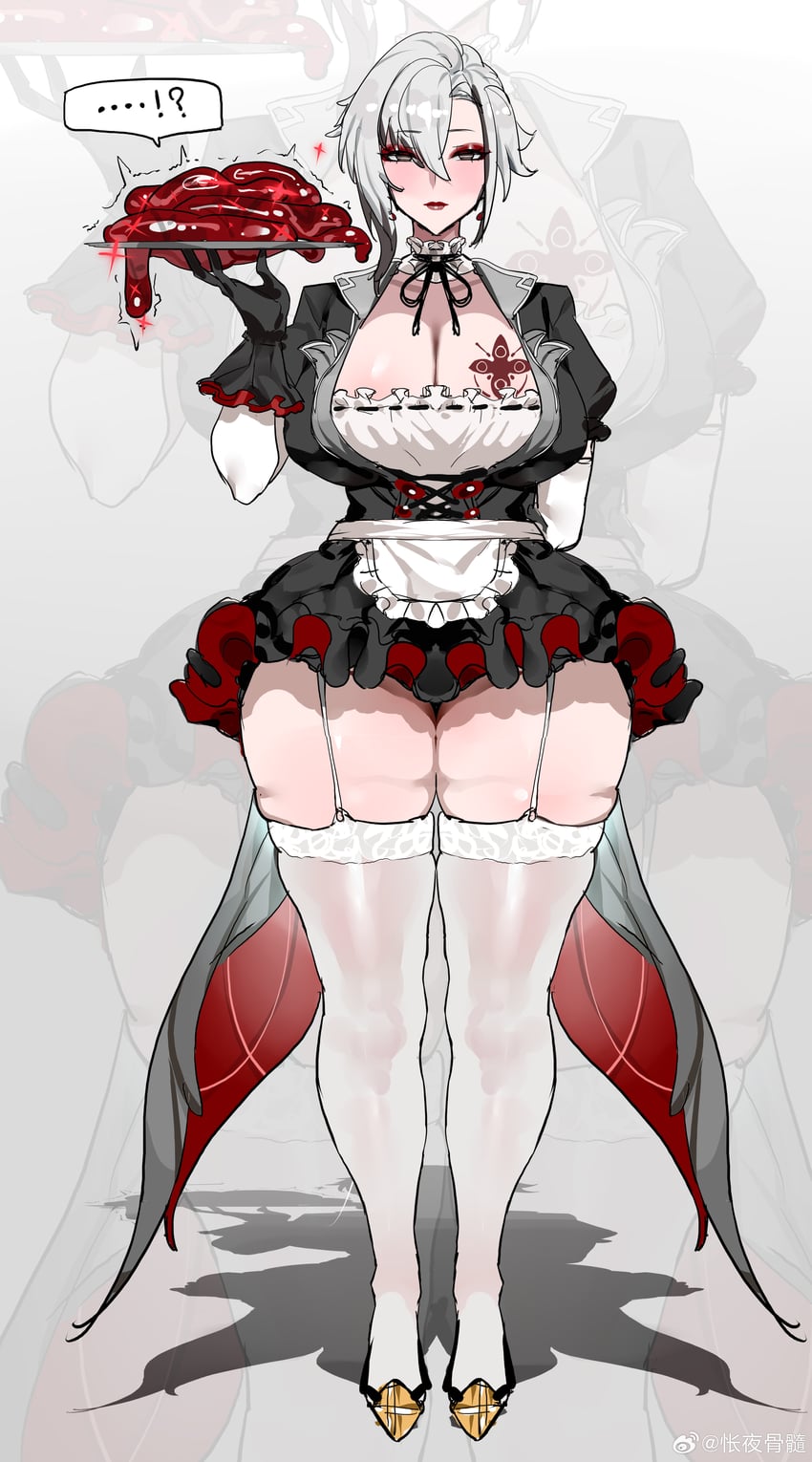 !?, alternate costume, arlecchino (genshin impact), big breasts, cleavage, curvy, expressionless, eyeliner, eyeshadow, garter straps, genshin impact, gloves, high heels, kuook, personality excretion, plate, red lipstick, see-through thighhighs, skirt, solo, speech bubble, standing, tatoos, thick thighs, thighs, waist apron, white hair, white thighhighs, wide hips