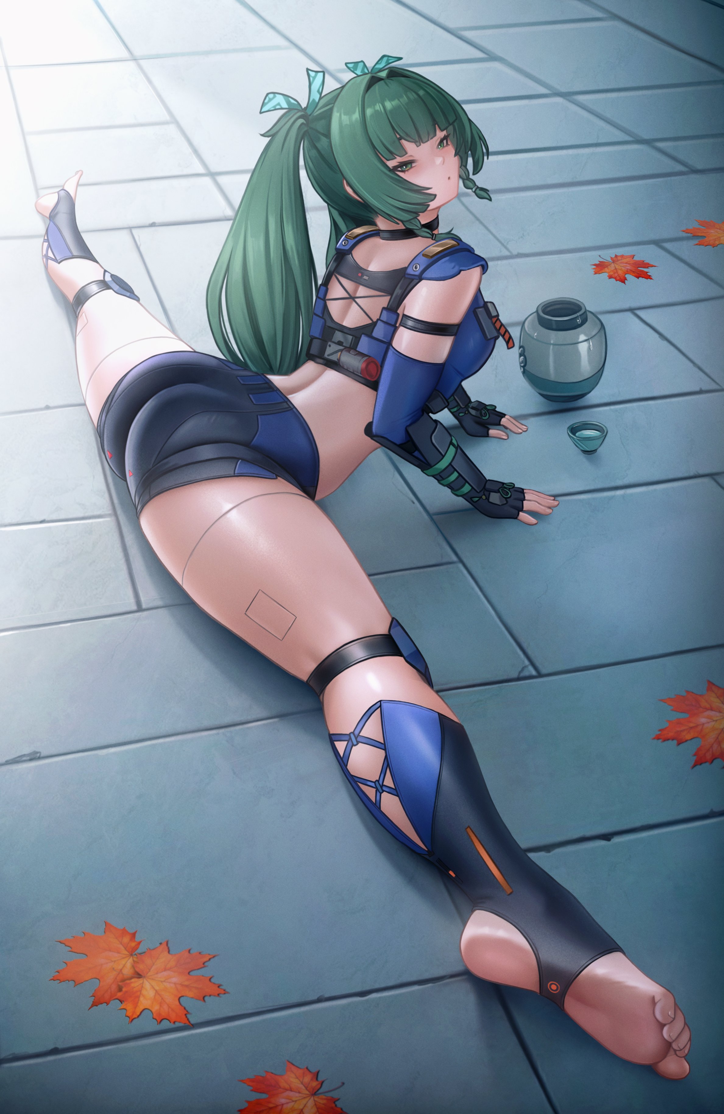 1girls, ass, blush, dot mouth, feet, female, from side, maple leaf, puppnett, qingyi (zenless zone zero), sitting split, soles, solo, split, splits, stirrup legwear, toes, wide angle, zenless zone zero