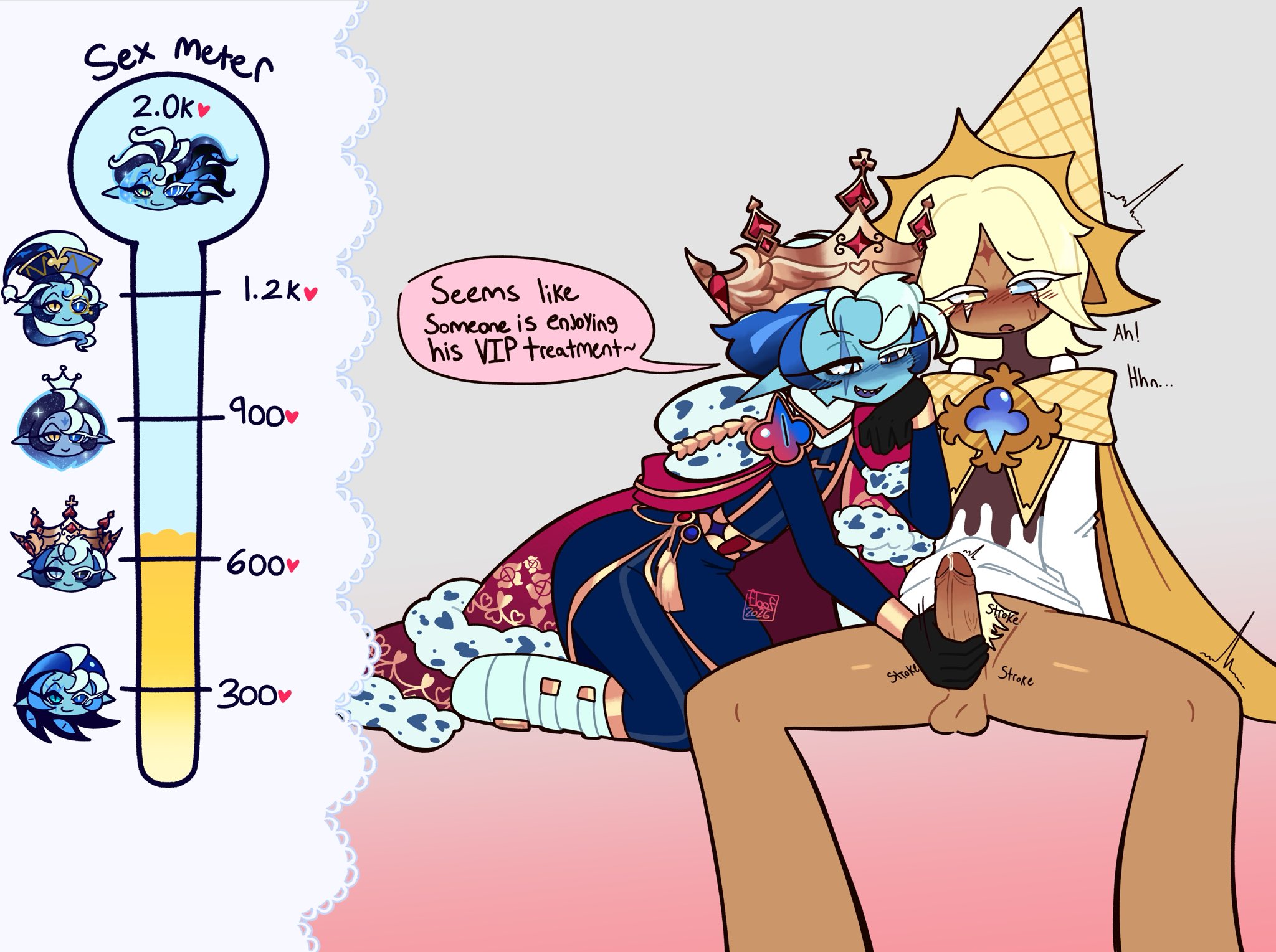 an ad-lib ending, big penis, blush, boots, bottomless, clothed on nude, cocky, cookie run, cookie run kingdom, cuntboy, floofierun, fully clothed, hand job, handjob, handjob with gloves, kneeling, masturbating other, pure vanilla cookie, robe, robes, shadow milk cookie, spread legs, submissive top, tagme, twink