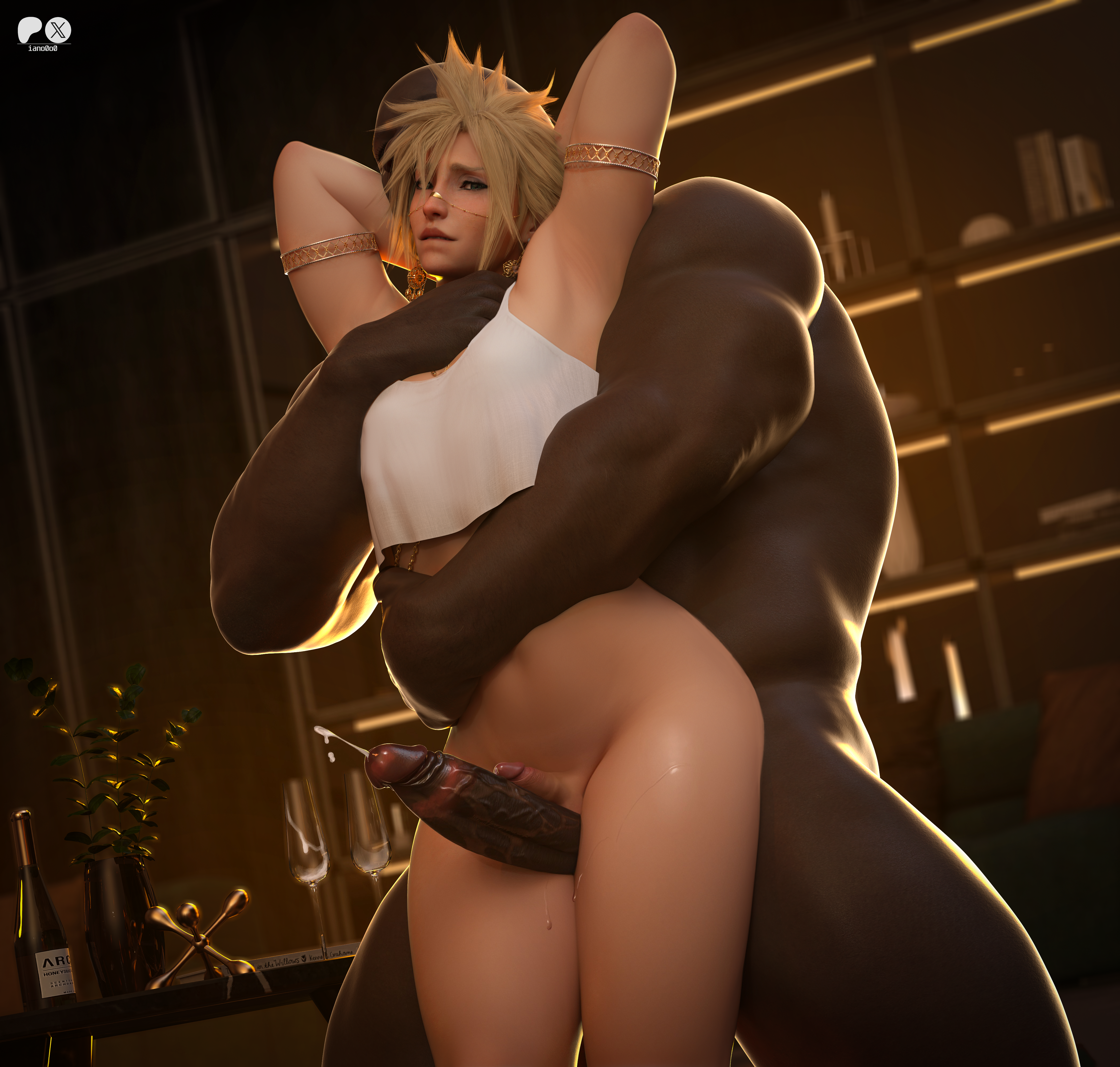 2boys, 3d, alternate version available, anus, armpit, armpit fetish, armpits, artist logo, balls, balls on penis, big penis, biting own lip, black nails, blacked male, blonde hair, blue eyes, breasts, choke hold, choker, choking, cloud strife, crop top, crossdressing, crossdressing male, dark skin, dark-skinned male, earrings, feet, femboy, feminine, feminine male, final fantasy, final fantasy vii, final fantasy vii remake, fishnet stockings, fishnet topwear, fishnets, gay, girly, gold (metal), gold jewelry, iano0o0, imminent sex, interracial, jewelry, latex, light skin, light-skinned male, lingerie, male, malesub, muscular male, necklace, nipples, on back, painted nails, penis, penis between legs, penis between thighs, penis size difference, penises touching, pretty boy, raceplay, ring (jewelry), rough, rough sex, sexy body, short hair, sissy, size comparison, size difference, small balls, small penis, small penis humiliation, submissive, submissive male, testicles, thigh job, thigh sex, thighs, toeless stockings, trembling, veiny penis, virility difference, yaoi