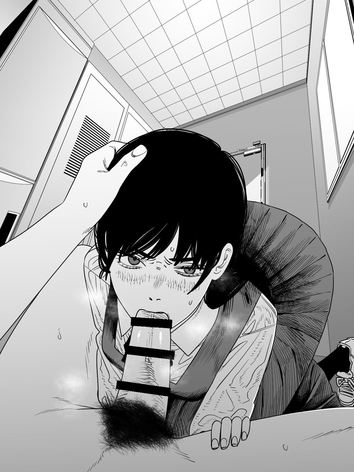 accurate art style, asa mitaka, bathroom, bent over, blowjob, chainsaw man, male pov, manga style, mitaka asa, nanami toga, oral, pov