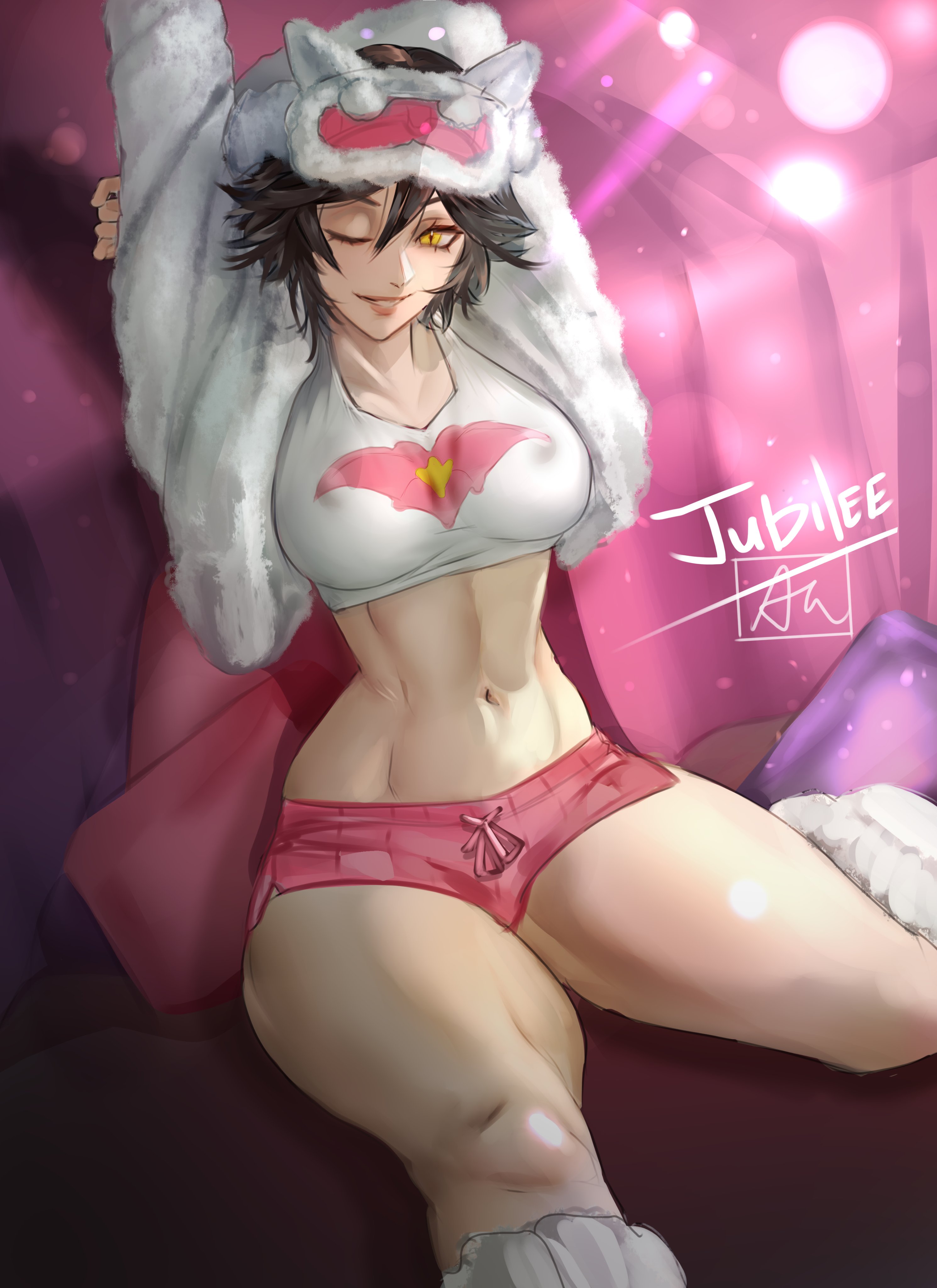 2d, abs, arialla draws, asian, asian female, big ass, big breasts, chinese female, female, female only, fully clothed, jubilation lee, jubilee, jubilee (marvel rivals), jubilee (vampy jammies), marvel, marvel rivals, midriff, navel, pajamas, solo, thick thighs, yawn