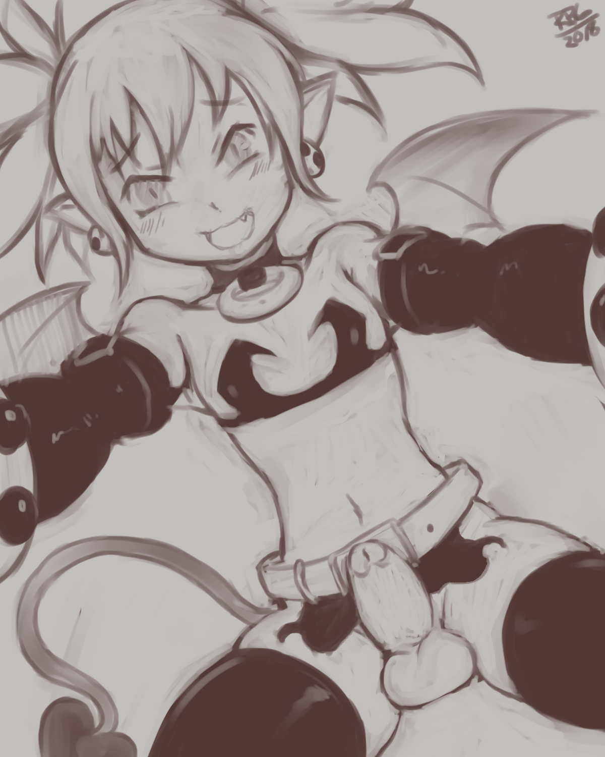 1futa, balls, dickgirl, disgaea, erection, etna, futa only, futanari, intersex, looking at viewer, monochrome, penis, randomboobguy, solo, solo futa, testicles
