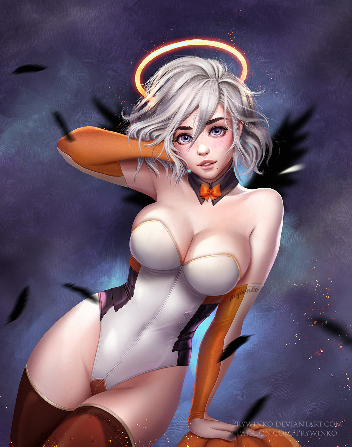 female, mercy, mole, mole under mouth, no bra, overwatch, prywinko, white hair, white skin