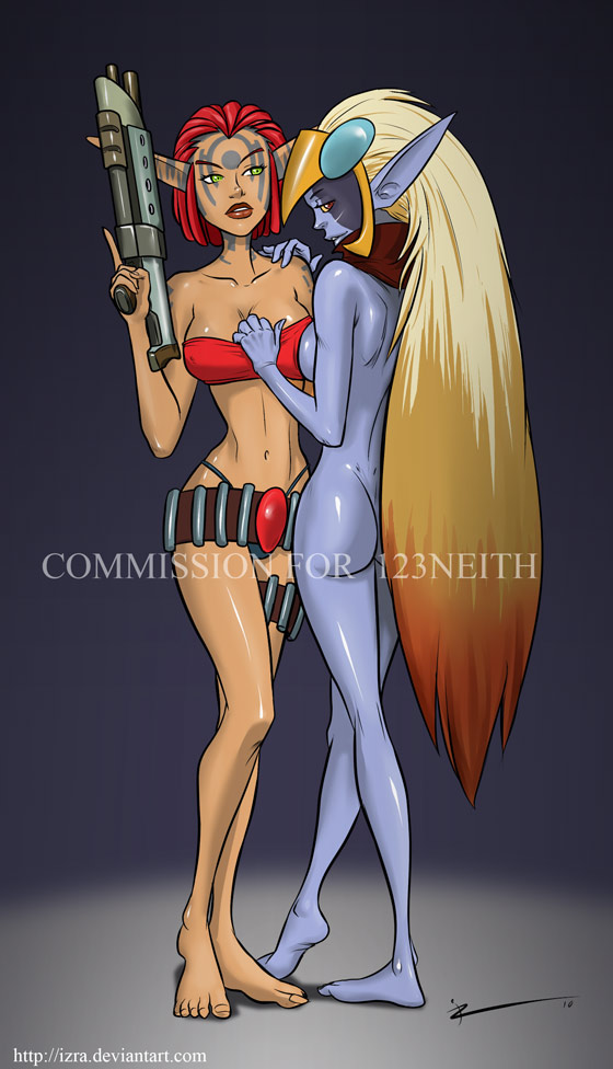 2girls ammo_belt ashelin_praxis ass assault_rifle barefoot big_ass big_breasts breasts crop_top curvy dat_ass duo feet female female_only gun hourglass_figure izra jak_and_daxter jak_and_daxter:_the_precursor_legacy jak_ii:_renegade looking_at_viewer looking_back maia_acheron multiple_girls navel nude nudity pointy_ears sideboob tattoos thong