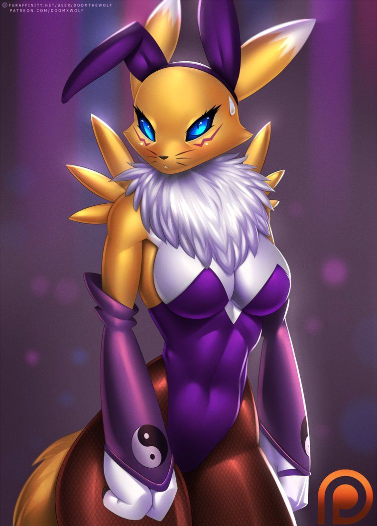 bunny suit, digimon, doomthewolf, furry, renamon, sweatdrop, tagme