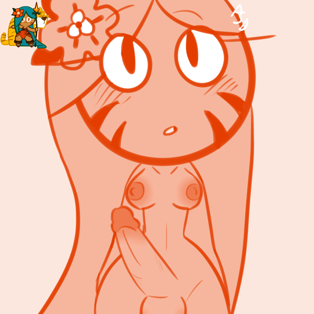 1futa, balls, breasts, cookie run, dickgirl, erection, flower, futa only, futanari, gingerbread cookie, intersex, monochrome, orange background, penis, poppy-sin-doodles, psd (artist), request, tiger lily cookie
