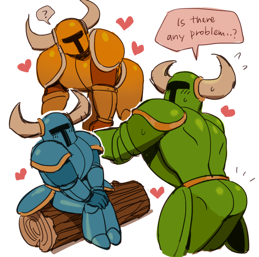 3boys ? armor artist_request blue_armor blue_headwear green_armor heart helmet knight looking_at_viewer male male_only pose posing shovel_knight shovel_knight_(character) speech_bubble text thick_ass white_background yellow_armor