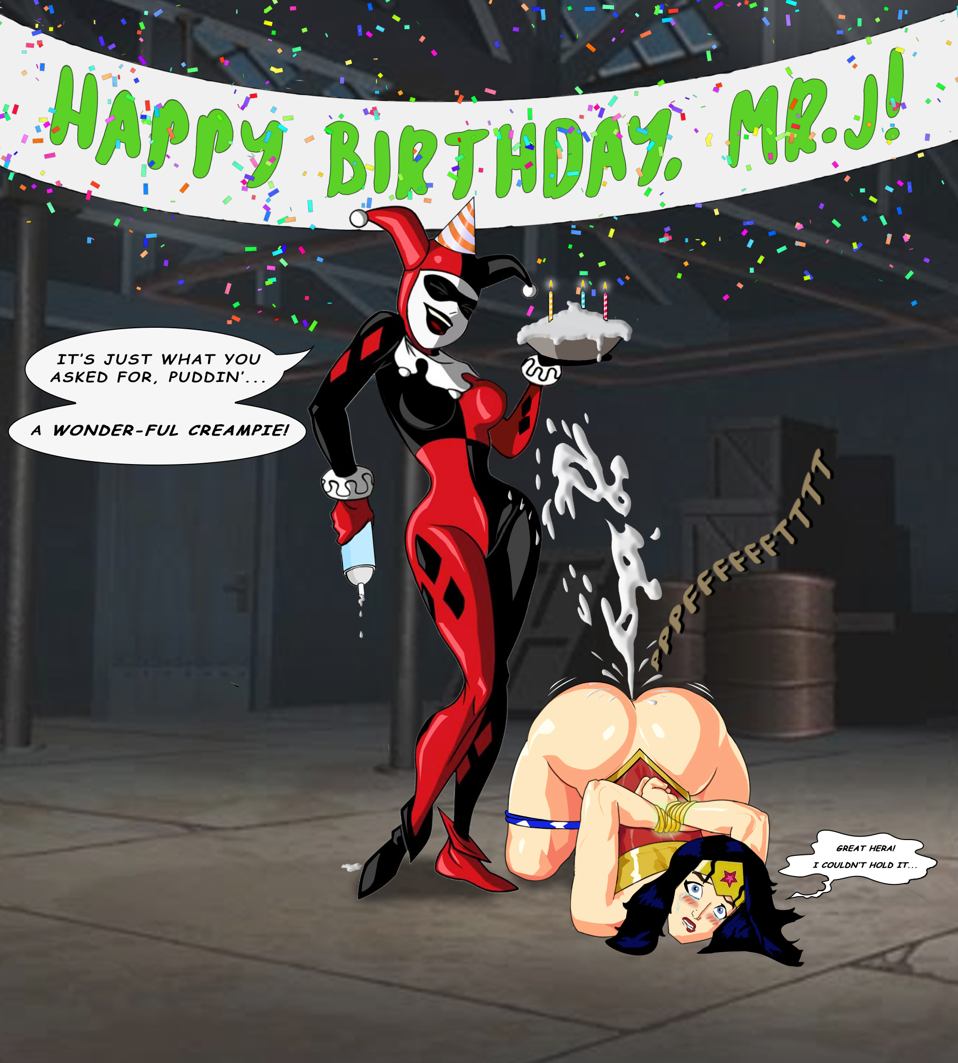 ass, ass up, banner, batman (series), batman: the animated series, big ass, birthday, bondage, confetti, cum in pussy, dc, dc comics, dcau, degradation, embarrassed, enema, fart, fear, female, hands behind back, harley quinn, harley quinn (classic), humiliation, laughing, panties down, pussy, scared, surprise, tears, warehouse, whipped cream, wonder woman, wonder woman (series)