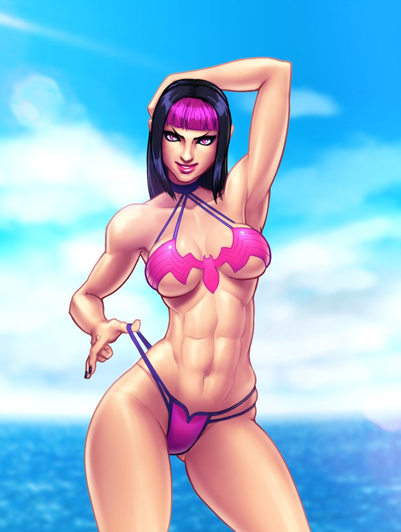 1girls abs alternate_hairstyle arm_behind_head armpits bangs beach bikini bikini_pull black_hair black_nails breasts capcom clothed clothed_female clothes clothing clouds collarbone colored_nails dark_blue_hair dark_hair eyeliner facing_viewer female female_only front_view fully_clothed human jiggeh juri_han large_breasts lipstick long_hair looking_at_viewer makeup muscles muscular_female nail_polish navel outdoors painted_nails pink_bikini pink_eyes pink_hair pink_lips pink_lipstick posing purple_eyes purple_hair revealing_clothes seaside skimpy smile solo street_fighter street_fighter_v swimsuit thong thong_bikini two_tone_hair underboob water