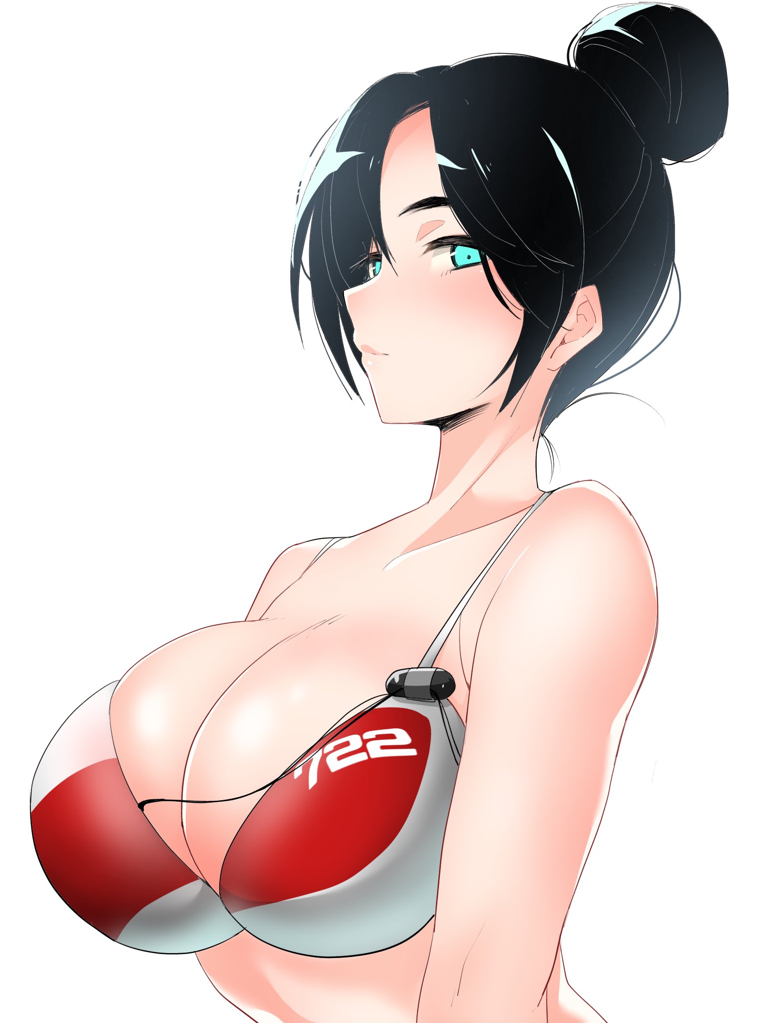 1girls, 2d, apex legends, bare shoulders, bikini, black hair, breasts, clavicle, cleavage, female, hair bun, high resolution, large breasts, light smile, long hair, looking at viewer, looking to the side, multicolored, multicolored bikini, multicolored clothes, red bikini, short hair, simple background, solo, swimsuit, tied hair, uzura kazuhisa, white background, white bikini, white swimsuit, wraith (apex legends), wraith quarantine 722