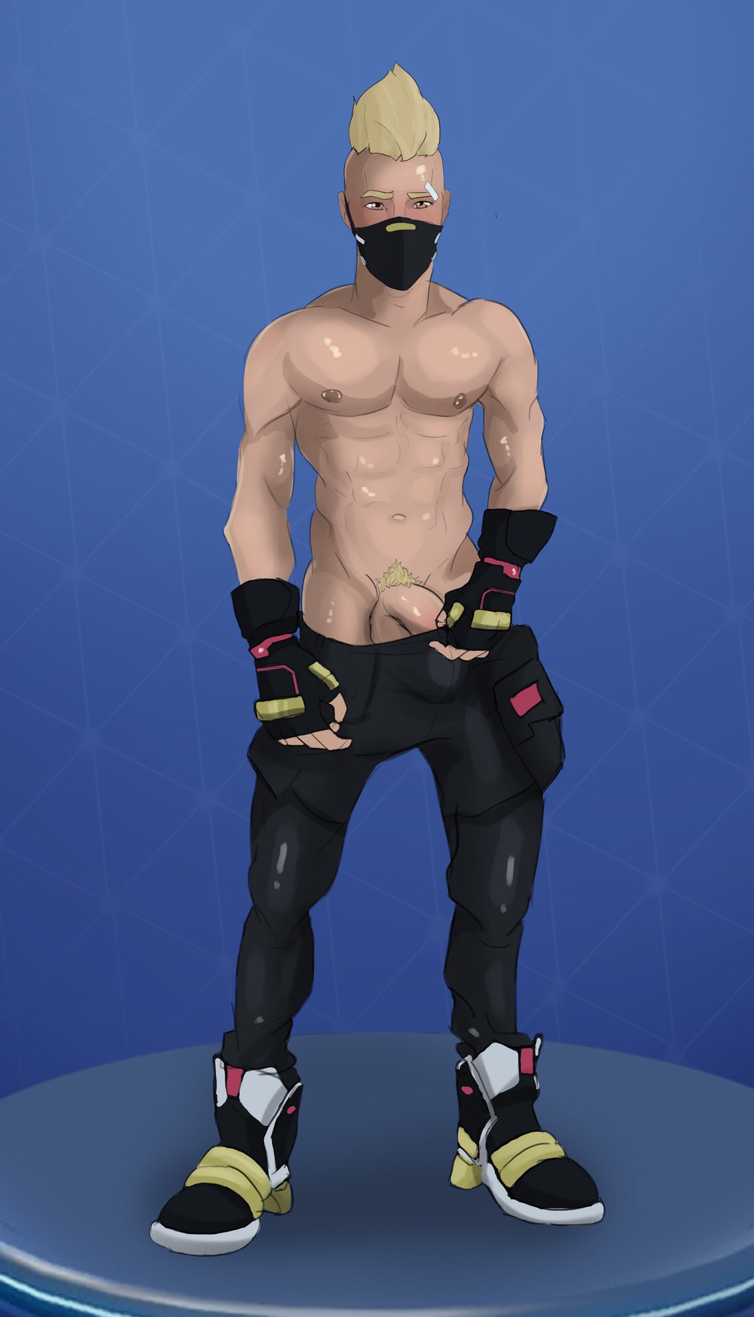1boy, abs, bandage, bandage on face, blush, blushing, drift (fortnite), facemask, fortnite, gay, looking at viewer, male, male only, mask, penis, pubic hair, pulling down pants, shirtless, shirtless male, tagme, topless