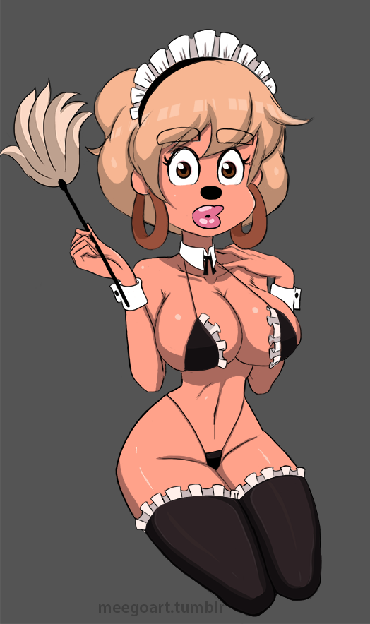 a goofy movie, anthro, artist name, bangs, big lips, bikini, black bikini, black nose, blonde hair, breasts, brown eyes, canine, cleavage, clothed, collarbone, detached collar, disney, earrings, eyelashes, eyeliner, feather duster, female, female only, front view, full body, furry, goof troop, hoop earrings, kneeling, large breasts, lipstick, lisa (a goofy movie), looking at viewer, maid headdress, maid uniform, makeup, mammal, meegol, micro bikini, pink lipstick, short hair, simple background, skimpy, surprised, thighhighs, thong bikini, unconventional maid, url, wide eyed, wrist cuffs
