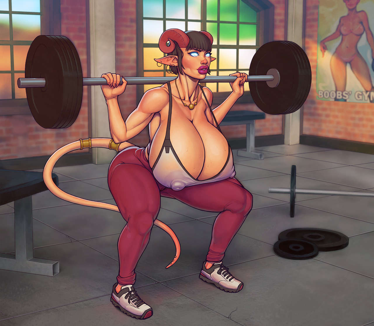 1girls, ass, boobsgames, breasts, cleavage, demon, erect nipples, exercise, female, female only, gigantic breasts, hanging breasts, huge ass, huge breasts, massive breasts, muscles, muscular, muscular female, nipples, sexercise, solo, succubus, suxxia, thick thighs, top heavy, transparent clothing, weightlifting, weights