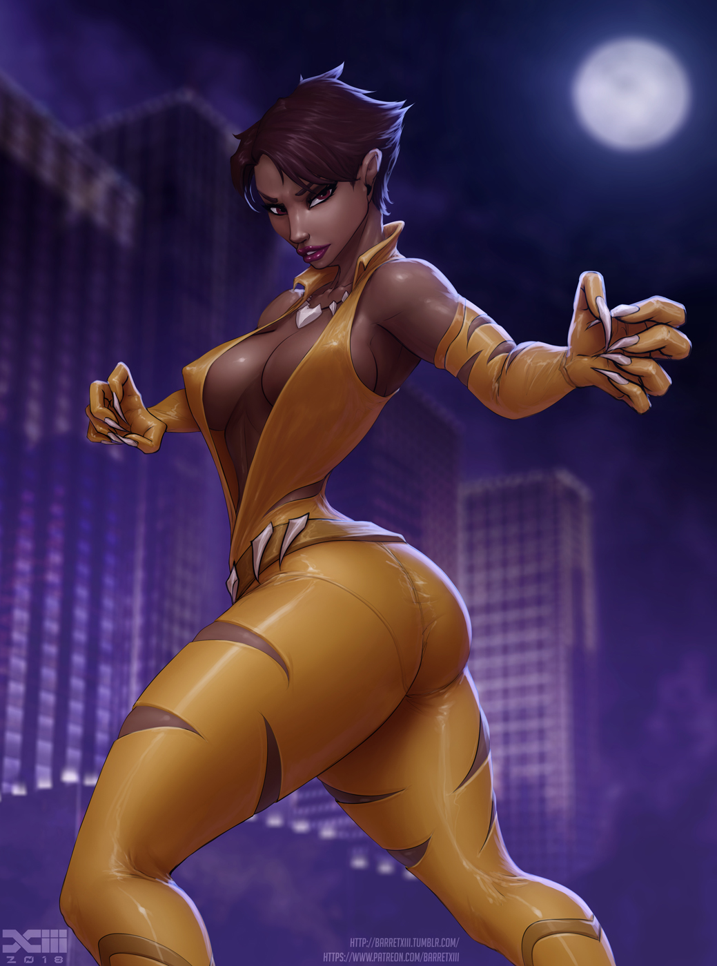 arm gloves, ass, bare shoulders, barretxiii, big ass, big breasts, breasts, brown hair, cleavage, dark skin, dark-skinned female, dc, dc comics, elbow gloves, erect nipples, erect nipples under clothes, female, female only, large breasts, looking at viewer, looking back, mari mccabe, necklace, nipple bulge, nipples, pantylines, pose, short hair, skin tight, skin tight suit, solo, solo female, striped clothing, thick thighs, tiny waist, vixen (dc)