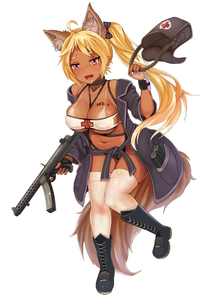 4_ears cat_girl dark-skinned_female girls'_frontline gun narane original_character tanlines