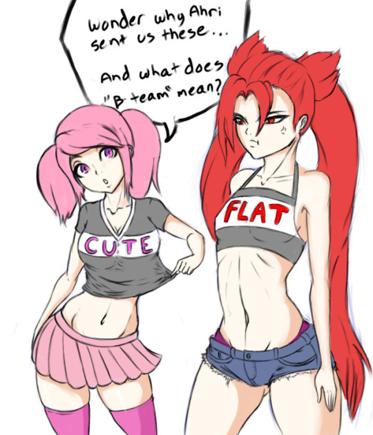 2girls, anger vein, breasts, english text, falmel, female, female only, flat chest, funny, jinx (league of legends), league of legends, luxanna crownguard, midriff, navel, pink hair, red hair, shorts, skirt, speech bubble, star guardian jinx, star guardian lux, star guardian series