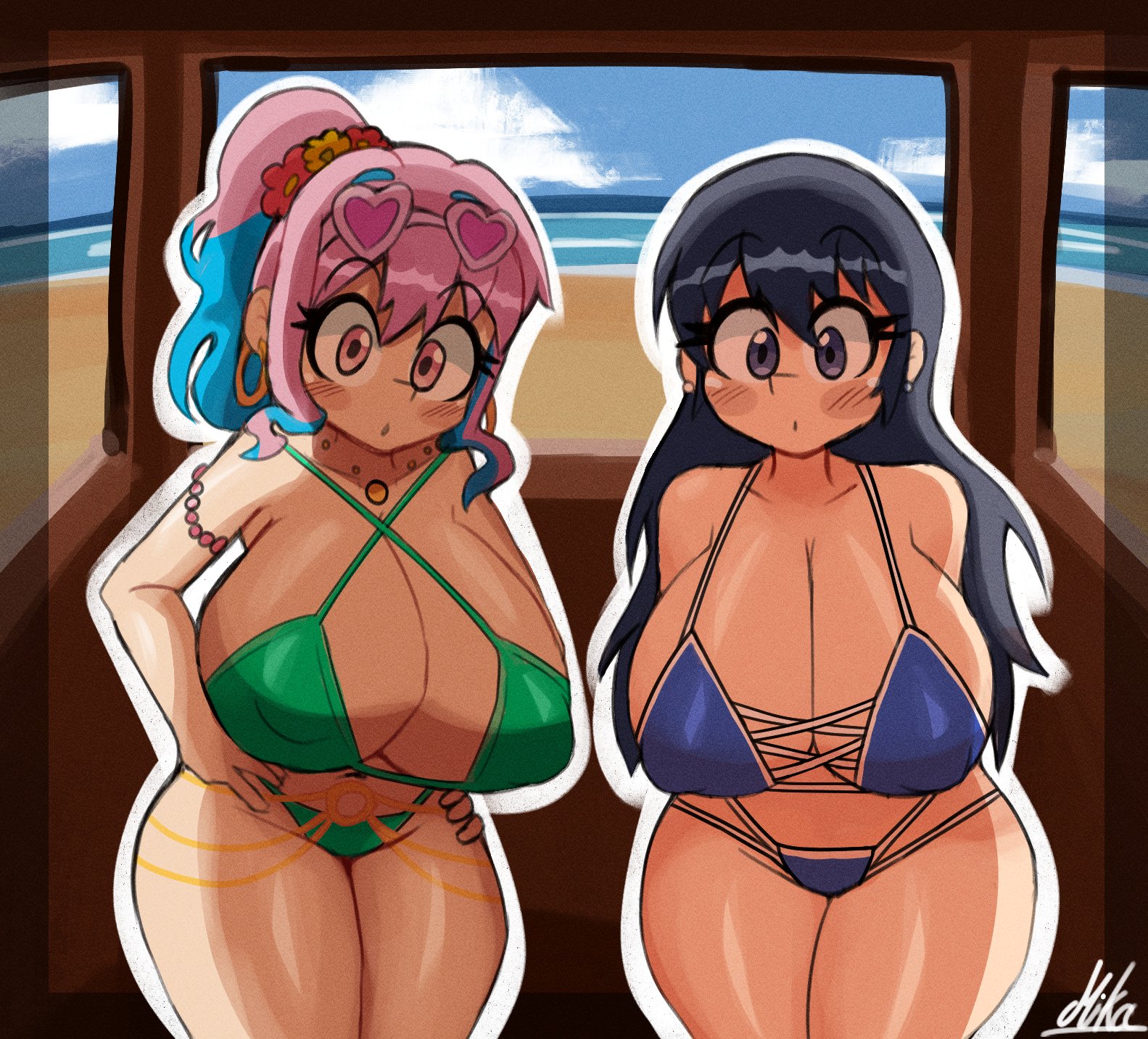 2girls, arato nagi, arms behind back, bare shoulders, beach, bikini, black eyes, black hair, blue bikini, blue hair, bracelet, breasts, cleavage, cloud, collarbone, covered erect nipples, criss-cross halter, cross-laced bikini, cross-laced clothes, crossover, earrings, eyewear on head, flower, green bikini, hair flower, hair ornament, halter top bikini, halterneck, hands on own hips, heart, heart-shaped eyewear, hoop earrings, hozuki kaede, huge breasts, indoors, jewelry, long hair, looking at viewer, miks381, multicolored hair, multiple girls, necklace, onii-chan wa oshimai!, open mouth, outline, pink eyes, pink hair, pink-tinted eyewear, ponytail, red flower, ruri no houseki, sidelocks, signature, sky, sunglasses, swimsuit, tinted eyewear, two-tone hair, water, white outline, window, yellow flower