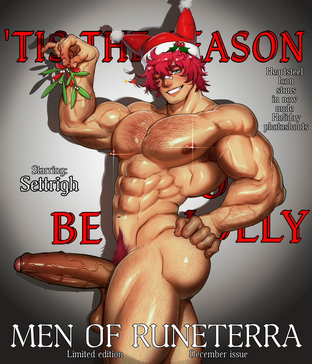 bara, bara tits, cat ears, erection, heartsteel series, heartsteel sett, league of legends, magazine cover, male, male only, naked, nipple piercing, penis, posing, sett, solo