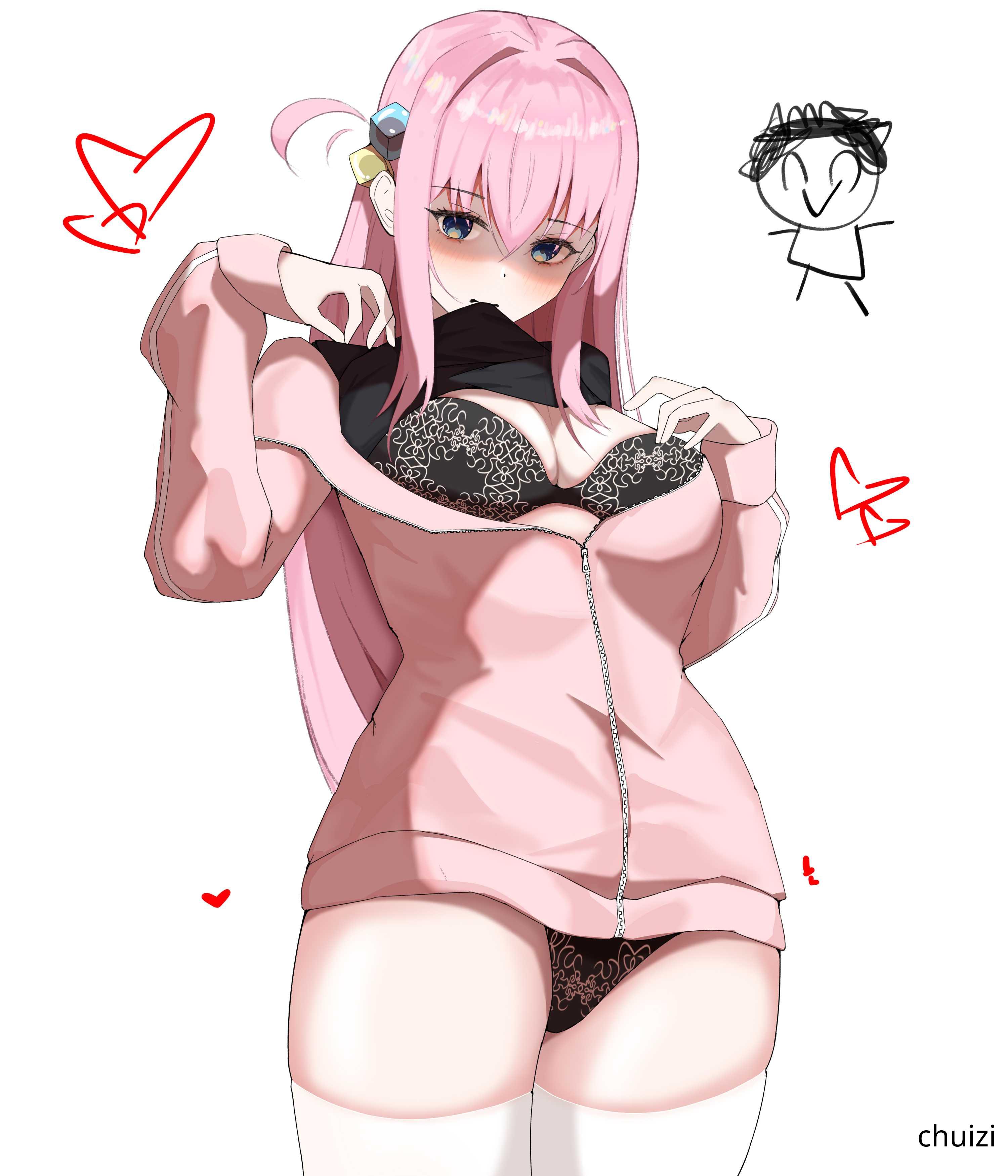 1girls, 2d, 2d (artwork), 2d artwork, ahoge, big breasts, black bra, black panties, black underwear, blue eyes, blue-eyed female, bocchi the rock!, bra, breasts, busty, busty female, busty girl, busty teen, busty teenager, chuizi, cleavage, coat, curvaceous, curvaceous body, curvaceous female, curvaceous figure, curvaceous hips, curvaceous teenager, curvy, curvy body, curvy female, curvy figure, curvy hips, curvy teen, digital, digital art, digital drawing, digital drawing (artwork), digital media, digital media (artwork), drawing, eyebrows visible through hair, female, female focus, female only, fingers, gotou hitori, groin, guitarist, hair between eyes, hair ornament, hair ornaments, head tilt, heart, high resolution, high school student, highres, hourglass figure, jacket, lace bra, lace panties, lace underwear, laced bra, laced panties, laced underwear, large boobs, large breasts, lean figure, legs closed, legs together, legwear, long hair, looking at viewer, looking down, looking down at viewer, matching underwear, narrow waist, open coat, open jacket, panties, pink coat, pink hair, pink jacket, pink-haired female, school girl, schoolgirl, shoulders, simple background, skindentation, slender body, slender waist, slim female, slim waist, solo, standing, stockings, teen girl, teenage female, teenage girl, teenage tits, teenager, thick thighs, thigh highs, thighhighs, thighs, thighs together, tilted head, underwear, upper body, white background, white legwear, white stockings, white thigh highs, white thighhighs, wide hips, young female, young woman