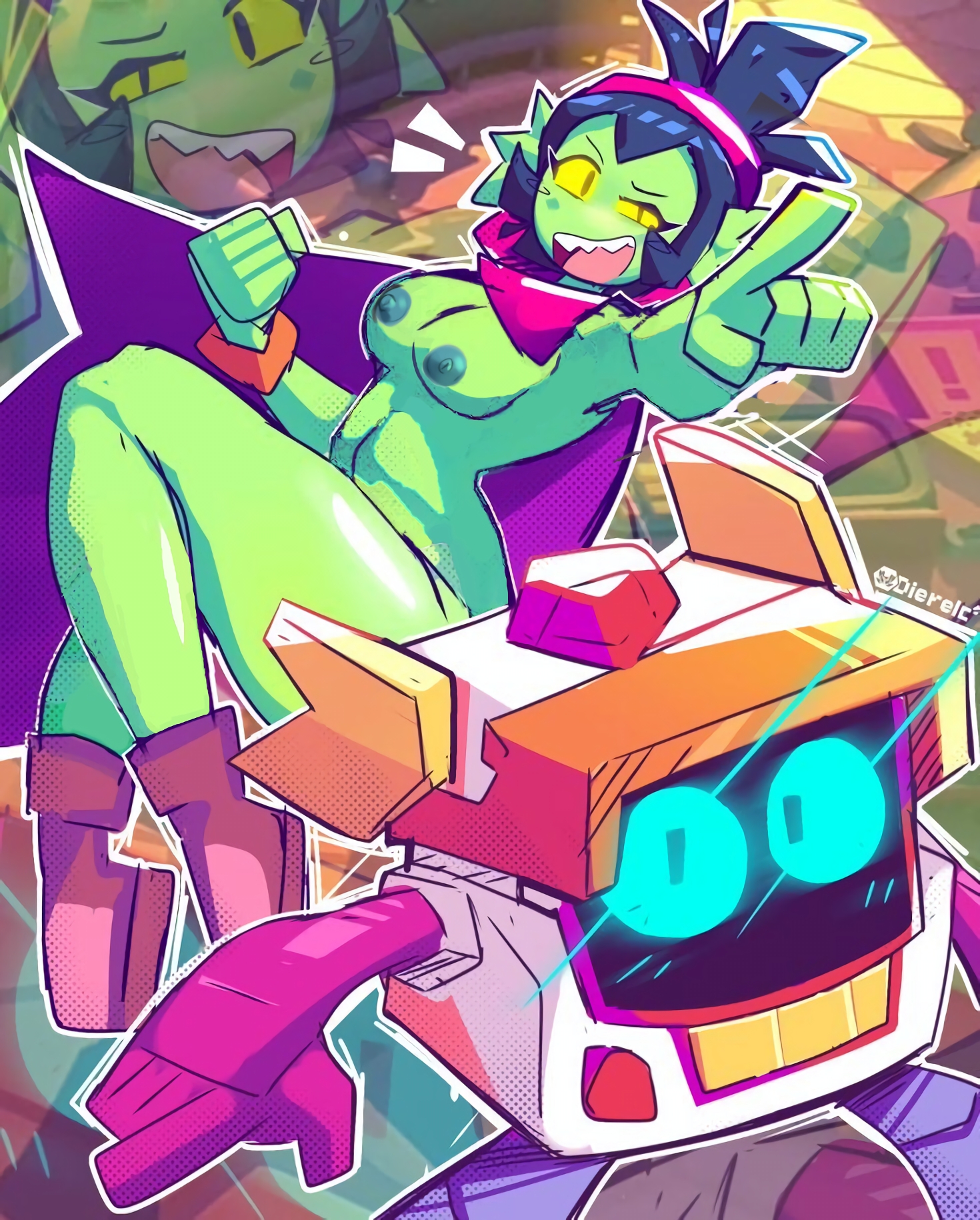 black hair, brawl stars, completely nude, dierelc, edited art, fish girl, green body, horny, nipples, posing, r-t (brawl stars), willow (brawl stars)