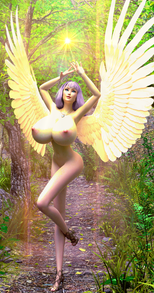 3d angel angel_wings angieangelfish dazed goddess_reah hands_above_head high_heels huge_breasts necklace purple_hair