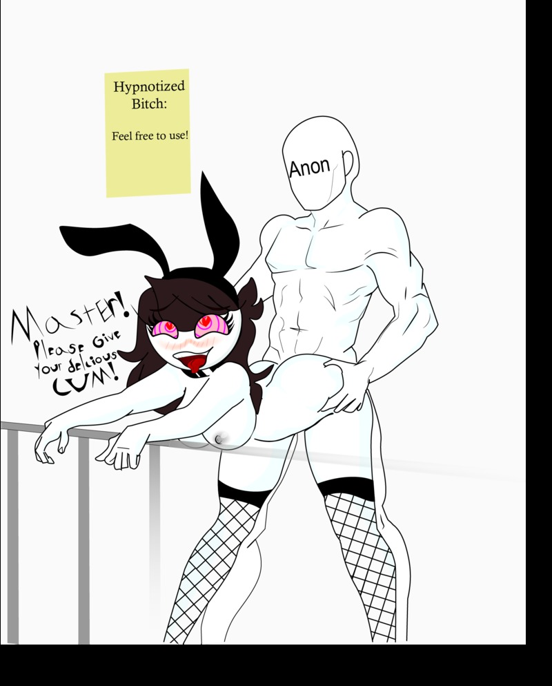 ahe gao, ambiguous penetration, anon, anonymous male, breasts, brown hair, bunny ears, dialogue, faceless male, female, female focus, fishnet stockings, from behind, hypnosis, hypnotized, jaiden, jaiden animations, male, mind control, muscular, muscular male, profanity, sex
