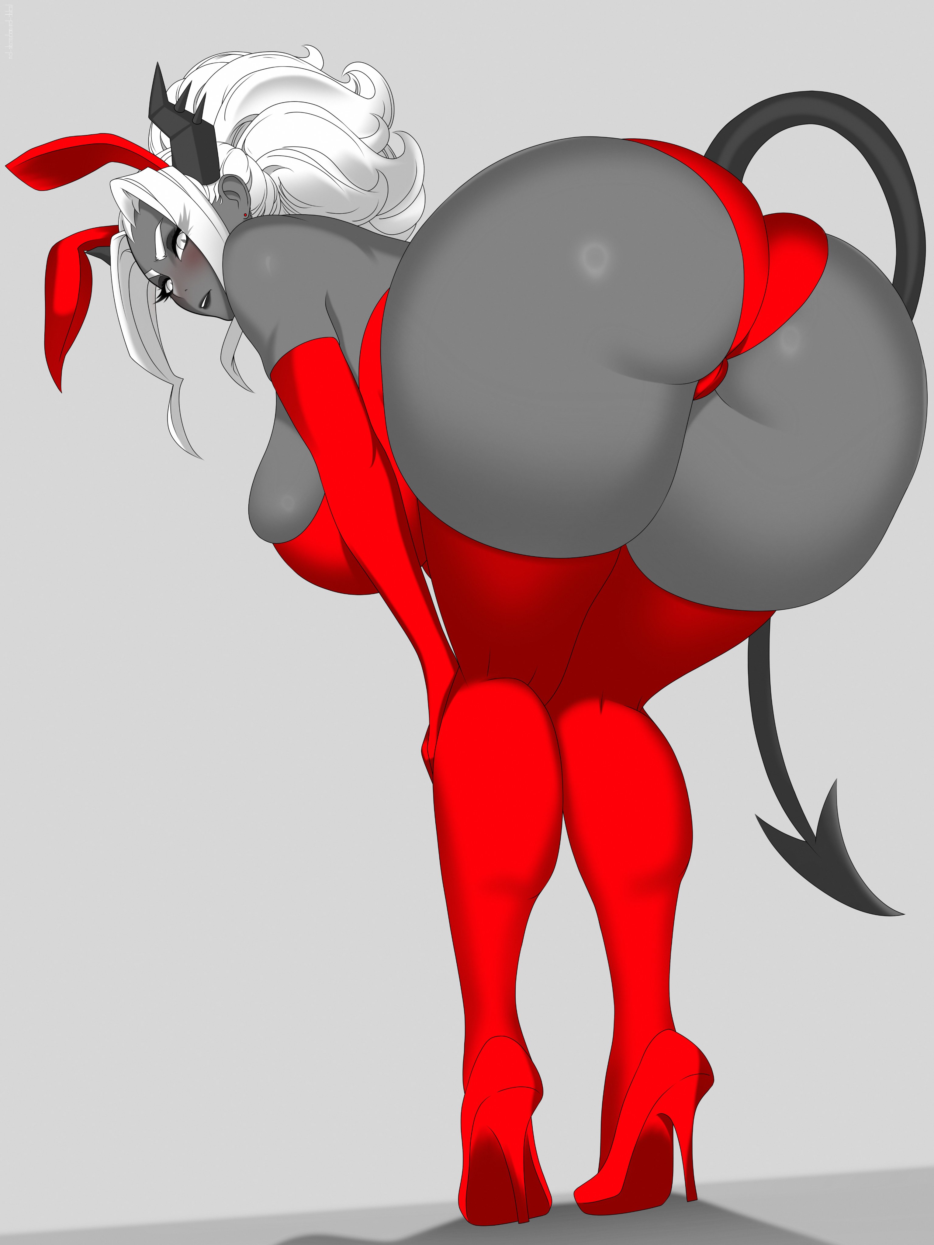 1girls, arm gloves, ass, back view, big ass, big breasts, big thighs, black eyelashes, black lipstick, breasts, bunny ears, bunnysuit, burningaq (artist), demon girl, demon tail, eyebrows, eyelashes, female, female focus, female only, from behind, grey body, hand on knee, helltaker, high heels, horns, huge ass, huge breasts, huge thighs, judgement (helltaker), large ass, large breasts, large thighs, leaning forward, looking at viewer, looking back, playboy bunny, red bunnysuit, simple background, skindentation, solo, solo female, solo focus, thick thighs, thighs, voluptuous, voluptuous female, white eyebrows, white eyes, white hair