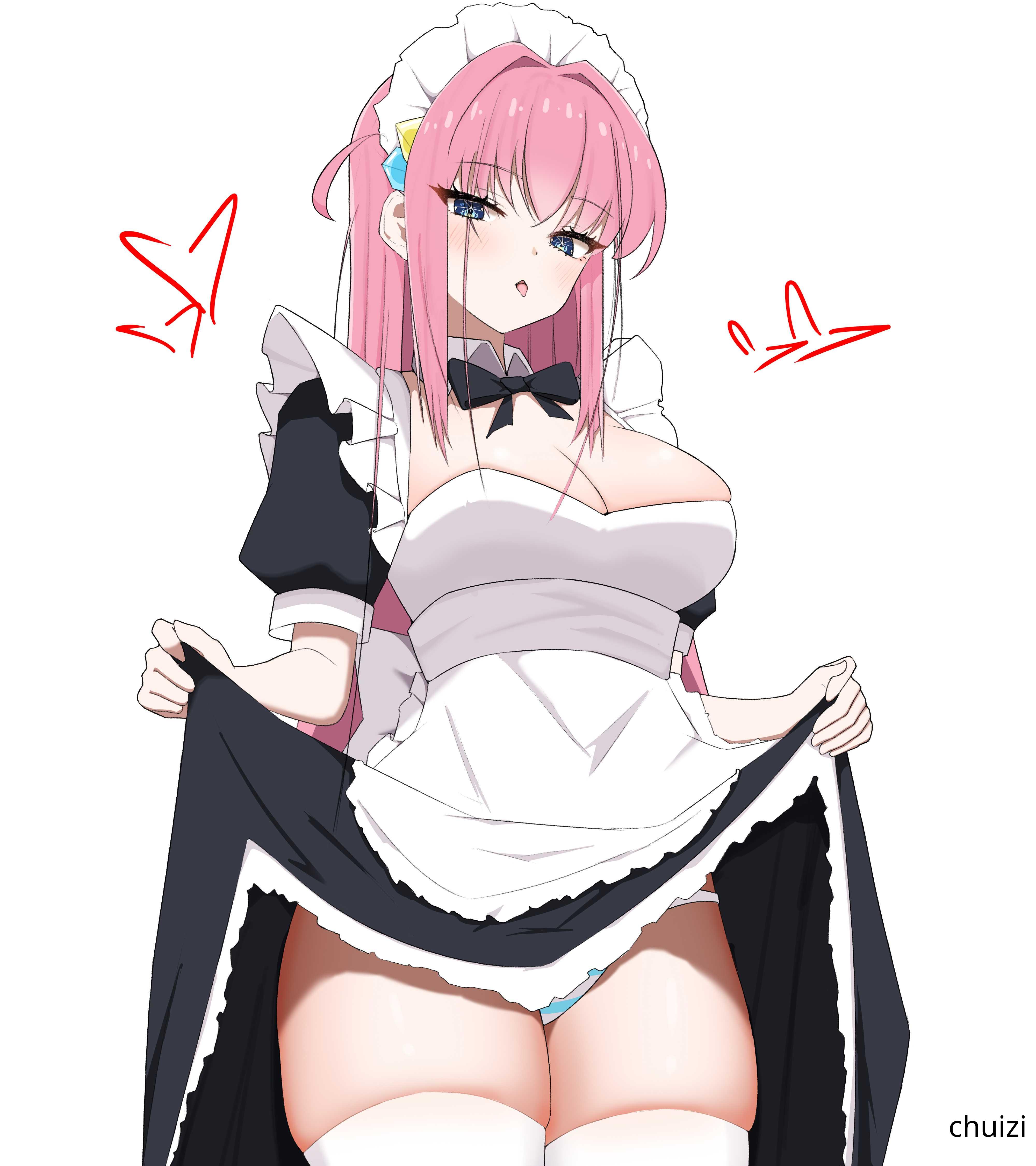 1girls, 2d, 2d (artwork), 2d artwork, big breasts, blue eyes, blue panties, blue thong, blue underwear, blue-eyed female, bocchi the rock!, breasts, busty, busty female, busty girl, busty teen, busty teenager, chuizi, cleavage, digital, digital art, digital drawing, digital drawing (artwork), digital media, digital media (artwork), drawing, eyebrows visible through hair, female, female focus, female only, fingers, gotou hitori, groin, guitarist, hair between eyes, hair ornament, hairband, head tilt, high resolution, high school student, highres, large boobs, large breasts, lean figure, legs closed, legs together, legwear, long hair, looking at viewer, looking down, looking down at viewer, maid, maid apron, maid cap, maid dress, maid headdress, maid outfit, maid uniform, narrow waist, panties, pink hair, pink-haired female, school girl, schoolgirl, shoulders, simple background, skindentation, skirt, skirt aside, skirt lift, skirt lifted, skirt lifted by self, skirt pull, skirt pulled by self, skirt pulled up, slender body, slender waist, slim female, slim waist, solo, standing, stockings, striped panties, striped thong, striped underwear, teen girl, teenage female, teenage girl, teenage tits, teenager, thick thighs, thigh highs, thighhighs, thighs, thighs together, thong, tilted head, tongue, tongue out, underwear, uniform, upper body, white background, white legwear, white panties, white stockings, white thigh highs, white thighhighs, white thong, white underwear, wide hips, young female, young woman