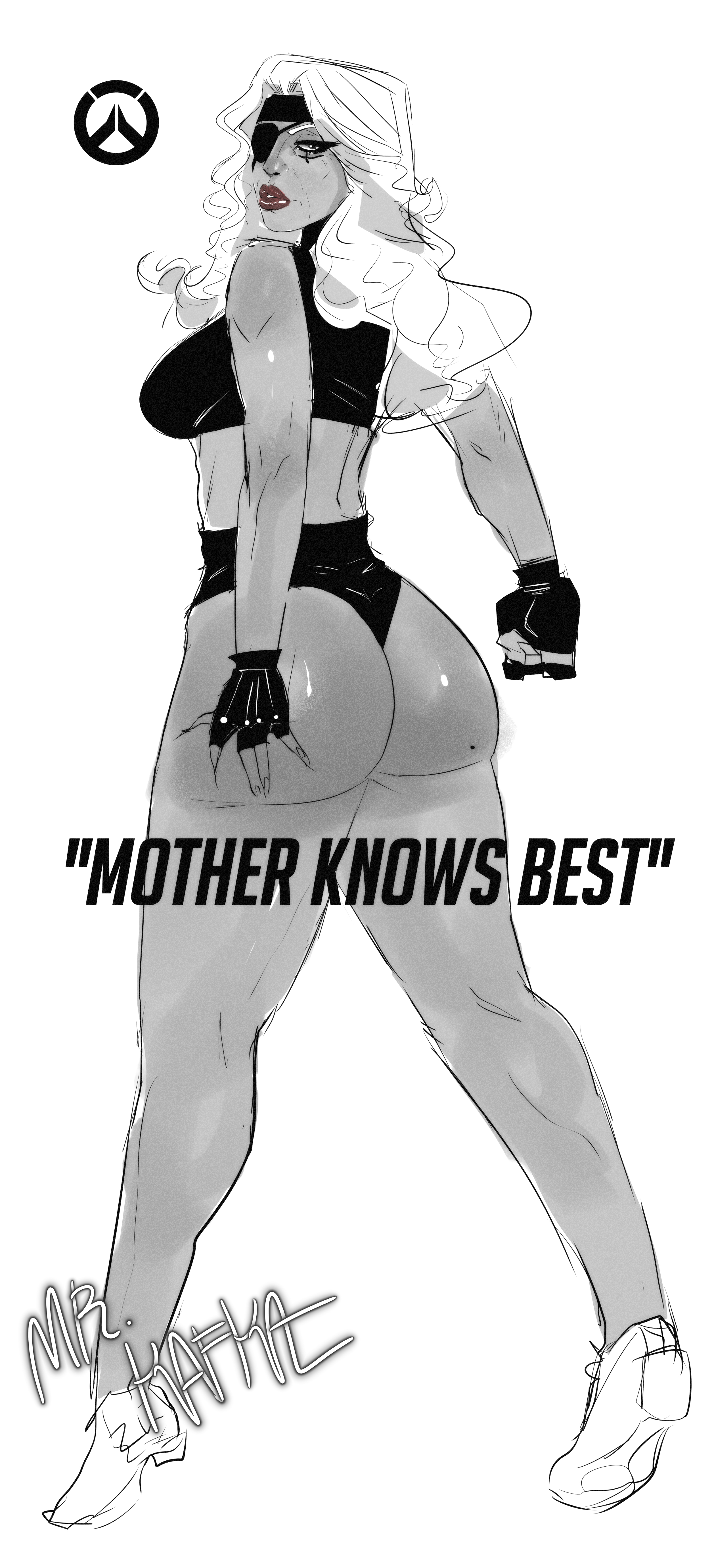 2d, ana amari, ass, ass grab, big ass, blizzard entertainment, breasts, dark skin, eyepatch, female, gilf, kafka art, lipstick, looking back, looking over shoulder, mature, mature female, monochrome, nasolabial folds, old ana amari, older female, overwatch, white hair, wrinkles