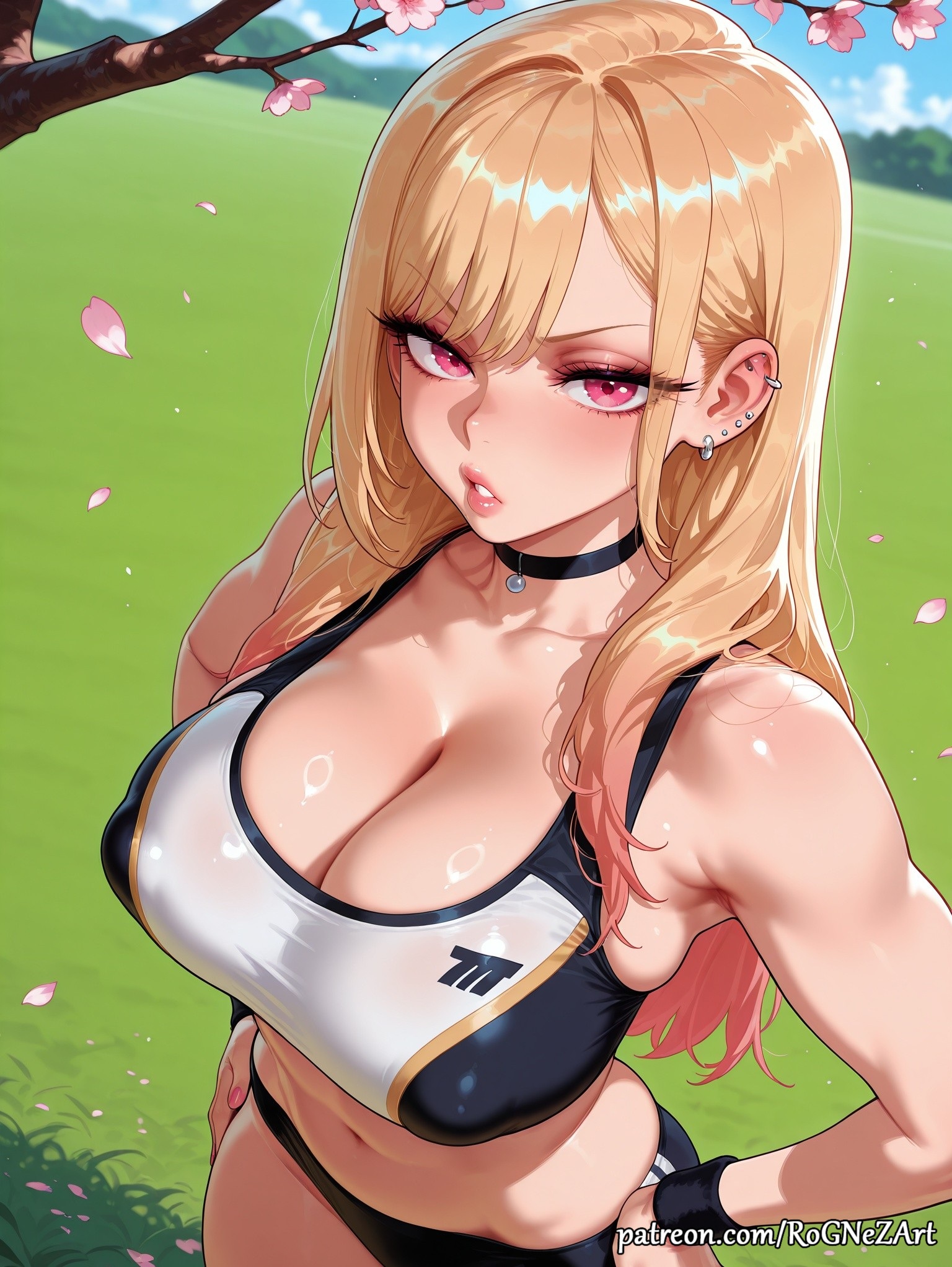 2026, ai generated, anime, bangs, bare shoulders, black choker, blonde hair, blush, breasts, cherry blossoms, choker, cleavage, collarbone, covered nipples, crossover, day, ear piercing, earrings, eye contact, female, female focus, female only, flushed, gradient hair, grass, hands on hips, highres, huge breasts, jewelry, kitagawa marin, large breasts, lips, long hair, looking at viewer, marin kitagawa, midriff, multicolored hair, my dress up darling, navel, nsfw, outdoors, parted lips, patreon, patreon username, petals, piercing, pink eyes, pink nails, red eyes, rognezart, solo, sono bisque doll wa koi wo suru, sports bra, sportswear, sweat, sweaty, tree, very long hair, wristband