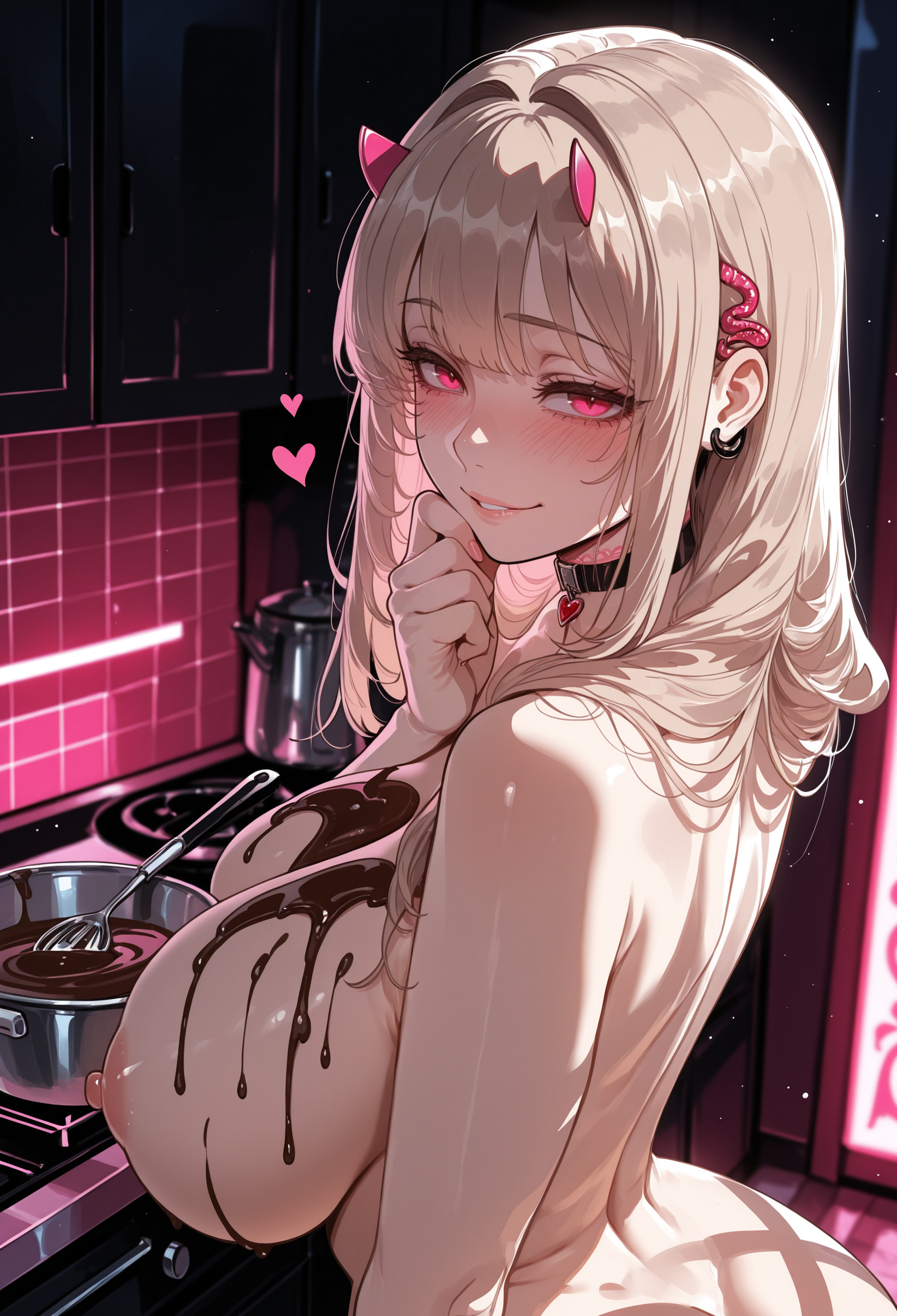 1girl, 1girls, ai assisted, ai generated, ass, bangs, blonde hair, blush, breasts, choker, collar, curvaceous, curvy, curvy female, curvy figure, eyebrows visible through hair, female, female only, goddess of victory: nikke, heart, heart-shaped pupils, indoors, large breasts, long hair, looking at viewer, miyuai, nipples, nude, smile, solo, symbol-shaped pupils, thick, thick ass, thick butt, thick hips, thick legs, thick thighs, upper body, viper (nikke), voluptuous, voluptuous female, wide hips, wide thighs
